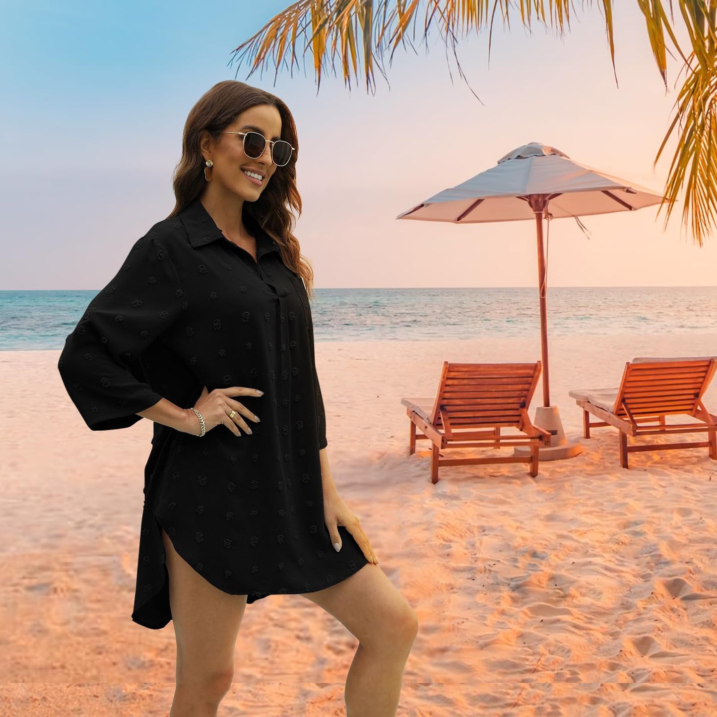 Figarge Strandkleid Damen Bikini Cover Up V-Ausschnitt Baumwolle Strandtunika Sommer Pareos Button Down Strandponcho Badeanzug Strand