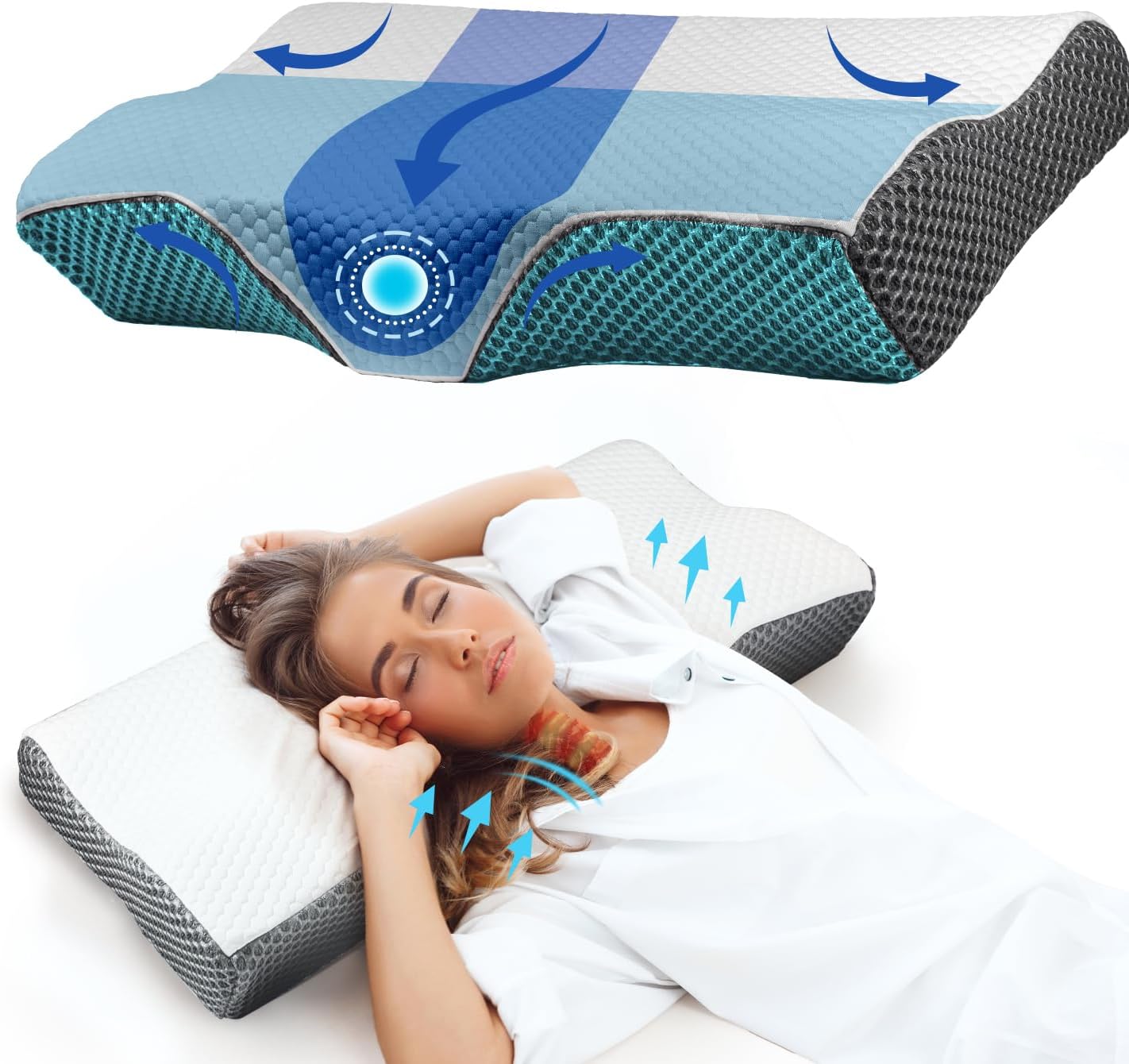IDEA Kopfkissen Nackenschmerzen, Ergonomisches Orthopädisches Kissen Nackenkissen, Memory Foam Kissen für Seiten, Rücken& Bauchschläfer, Antischnarchkissen für Männer Frauen (62 * 34.5 * 12/8CM)