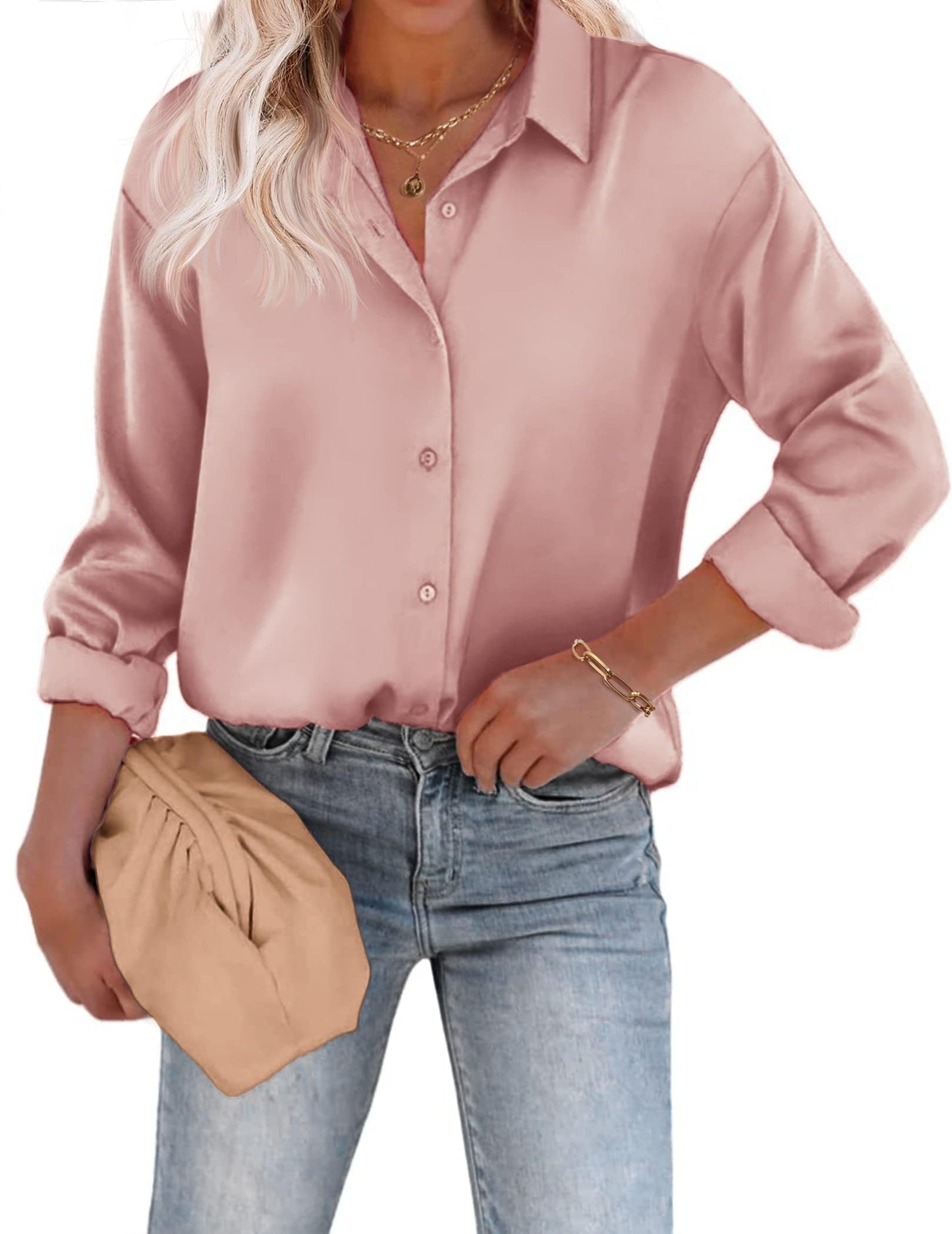 Beyove Damen Bluse Satin Seide V-Ausschnitt Hemden Elegant Langarm Business Oberteile mit Knöpfen Tops Lose Langarmshirt