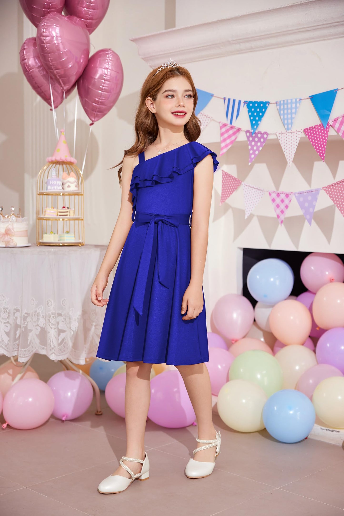 Arshiner Mädchen Kleider Eine-Schulter Kinderkleider Sommer Festliches Kleid Rüschenkragen Elegant Partykleider Swingkleid mit Gürtel ärmelloses Kleid für Mädchen 5-13 Jahre