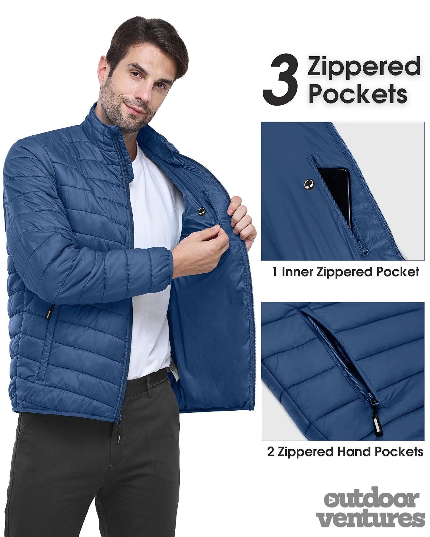 Outdoor Ventures Herren Steppjacke Packbare Leichte Warme Übergangsjacke Herren Wasserfeste Pufferjacke mit 3 Taschen für Outdoor Casual Wandern