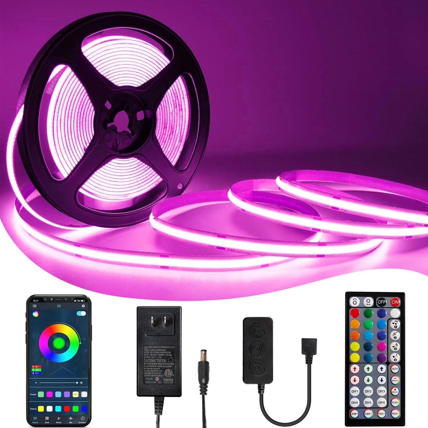 BUNACET COB RGB LED Strip 6M 24V Dimmbar, LED Streifen 3456 LEDs, Leiste Band Stripes Lichtband mit Netzteil RF Fernbedienung & APP Bluetooth für Küche Schlafzimmer Deko