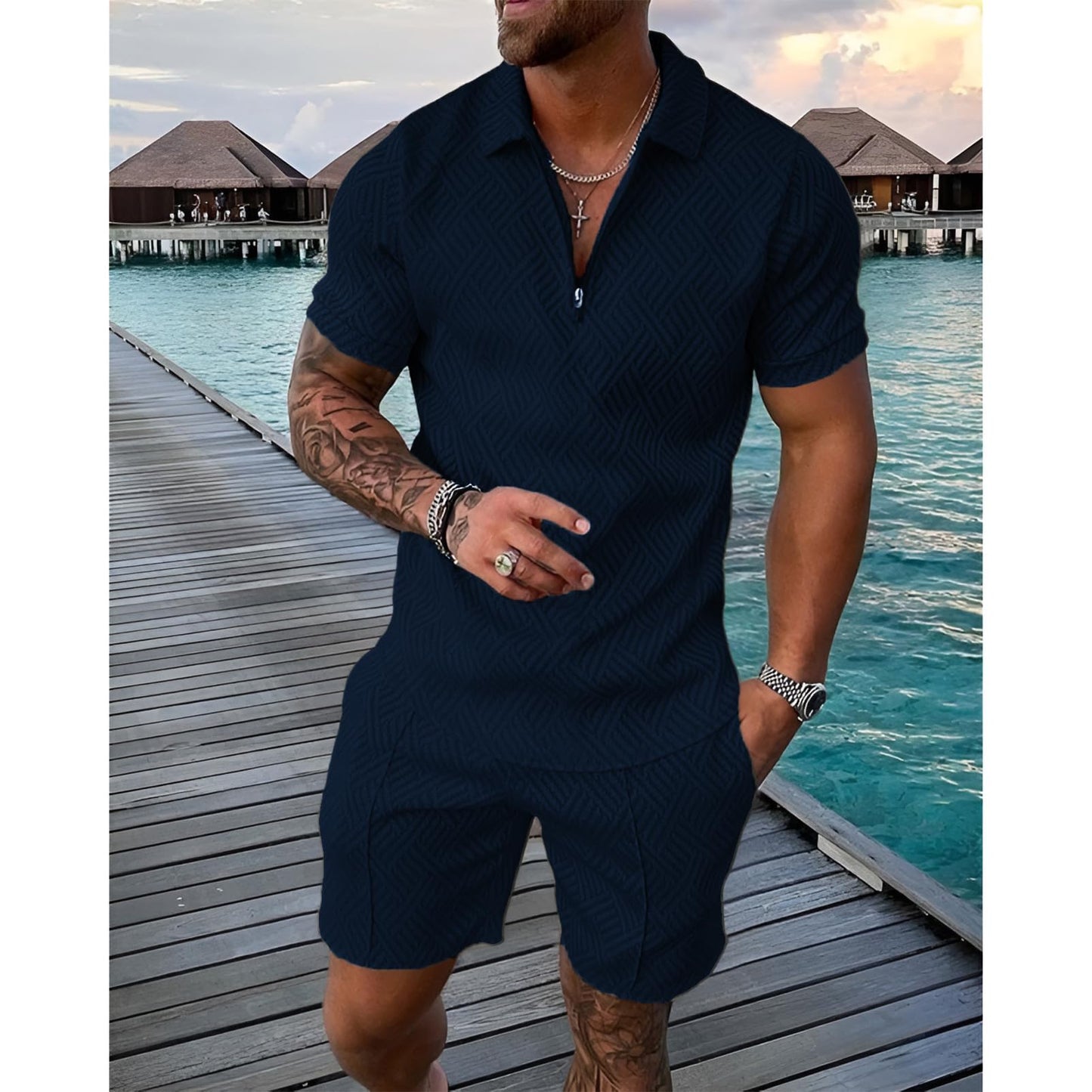 Herren Sportanzug Sommer Trainingsanzug Kurzarm Reißverschluss Top und Shorts Kleidung Set