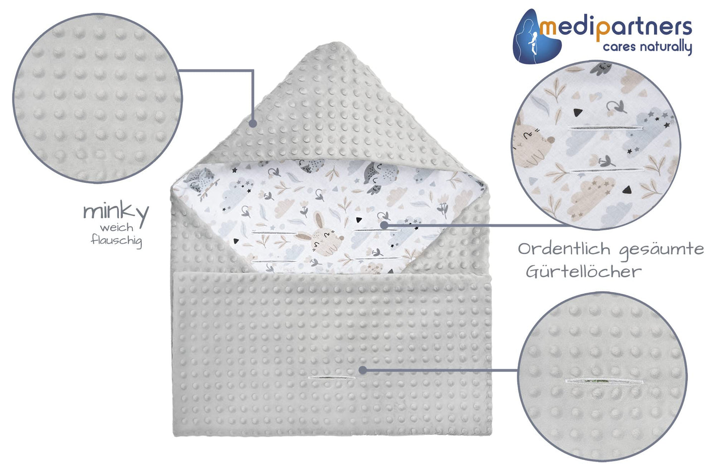 Medi Partners Einschlagdecke Baby Babyschale 100% Baumwolle für Sommer 85x85cm Kinderwagen Kuscheldecke universal Baby Decke Einschlagdecken Babydecke Buggy Autositz (weiße Sterne mit grauen Minky