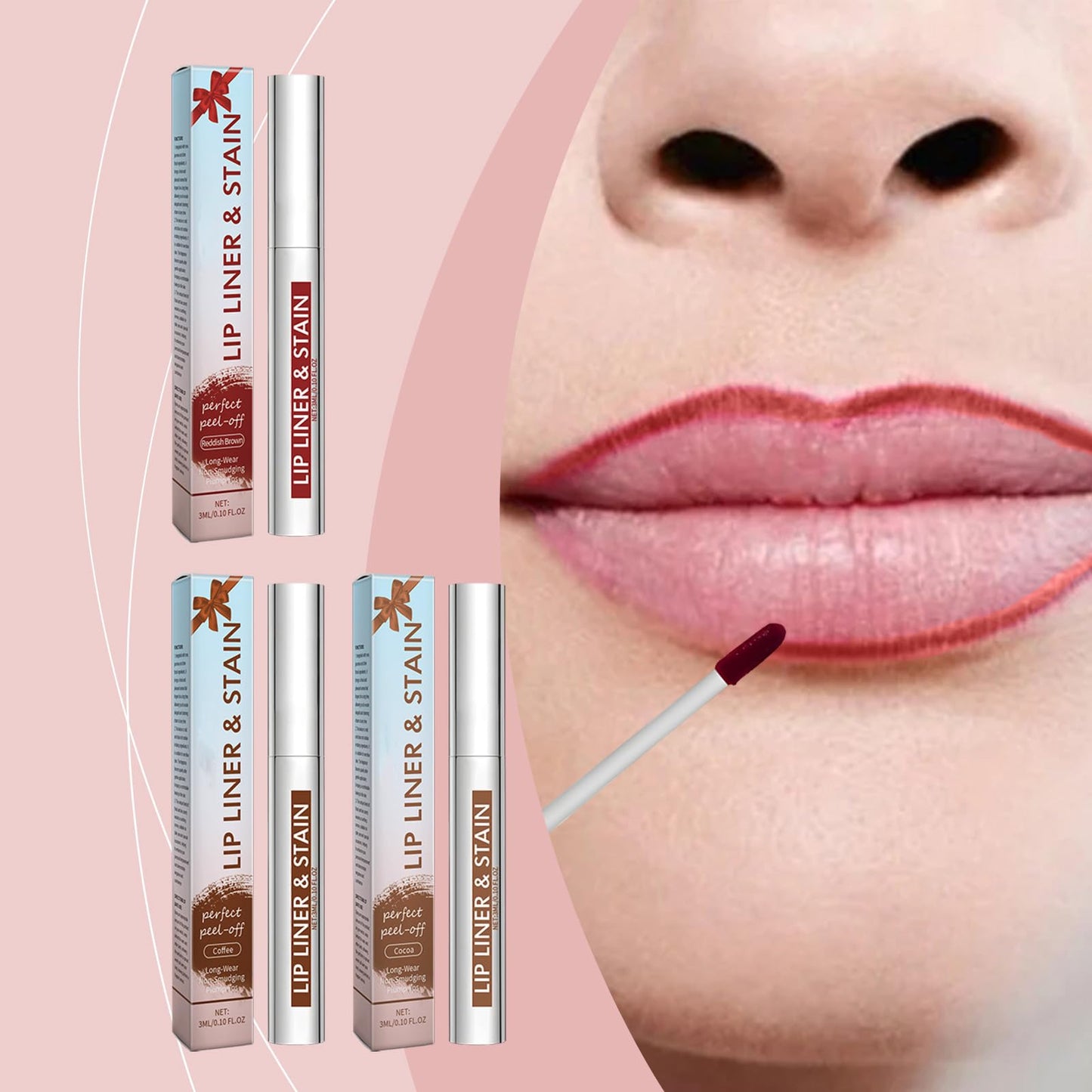 3Pcs Lip Liner Stain, Natural Long Lasting Lip Stain Peel Off, Waterproof Stay On All Day, Transfer-Proof, Highly Pigmented, Abzieh-Lippenstift (Kaffee & Kakao & Rose)
