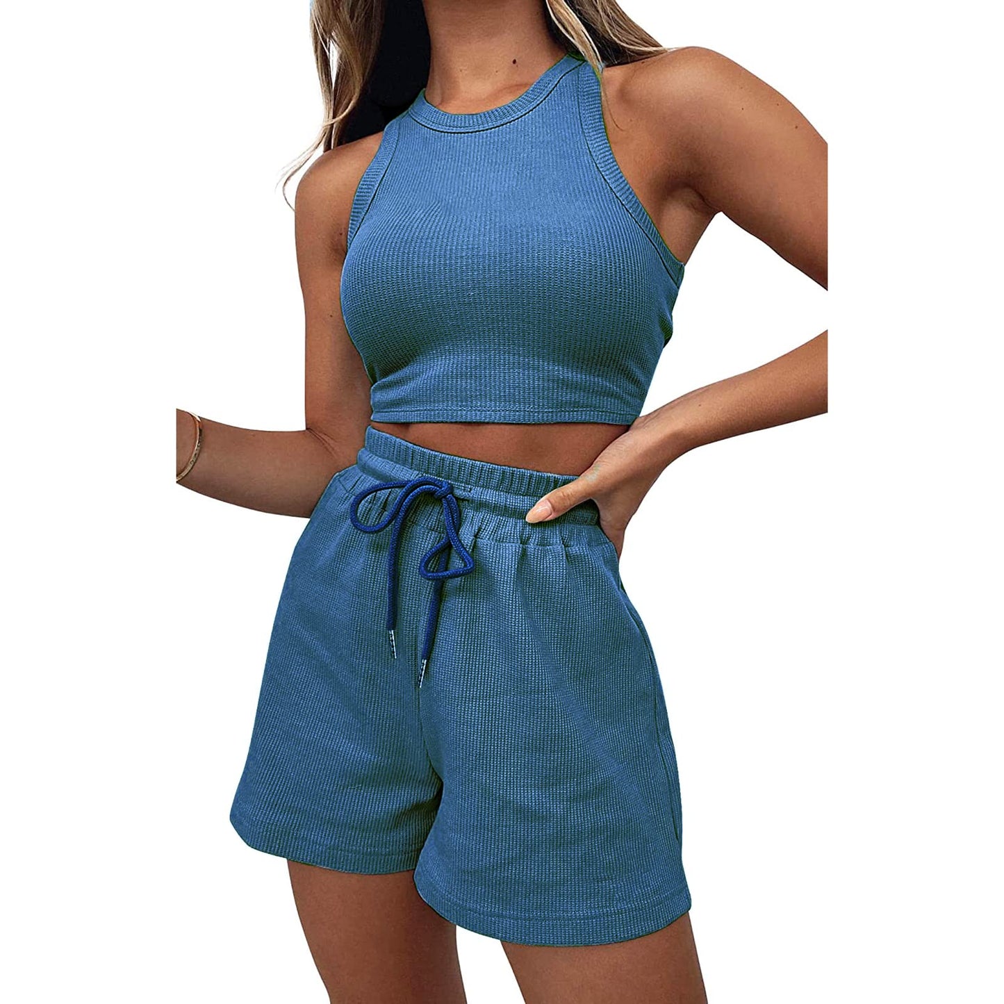 Geagodelia Damen Zweiteiler Sommer Hosenanzug Elegant Outfits Kleidung 2 Teiler Set Crop Tank Top + Shorts Y2k Aesthetic Clothes Workout Sport Anzug