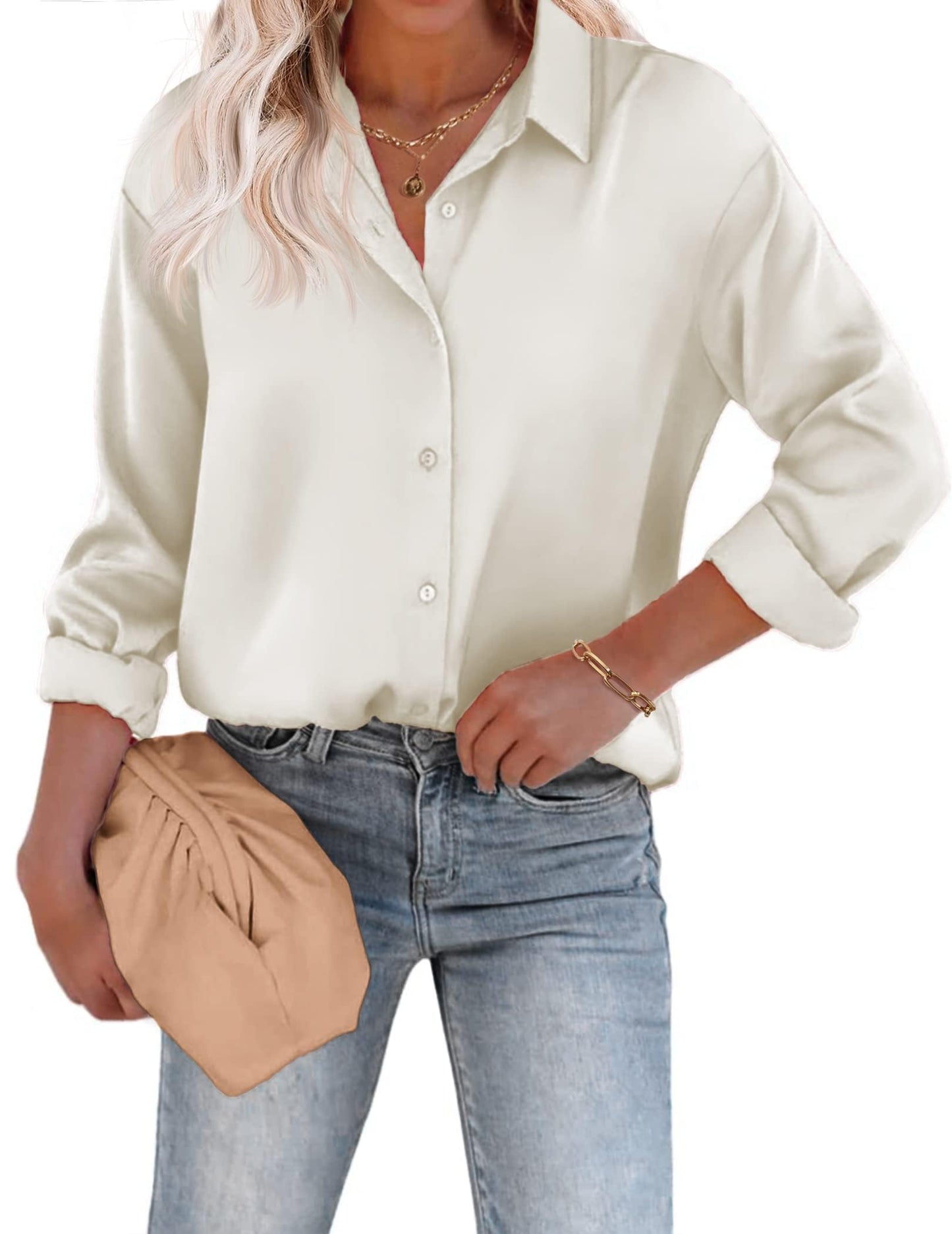 Beyove Damen Bluse Satin Seide V-Ausschnitt Hemden Elegant Langarm Business Oberteile mit Knöpfen Tops Lose Langarmshirt