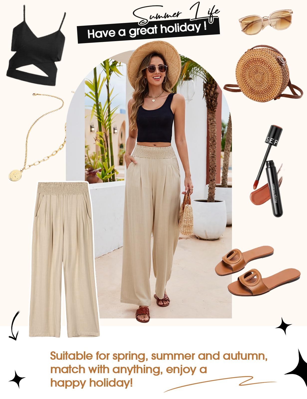 Niwicee Leinenhose Damen Sommer Baumwolle Leinen Hose High Waist Geradem Lose Casual Sommerhose mit Taschen Elastisch Hohe Taille Freizeithose Strandhose Lang Leichte