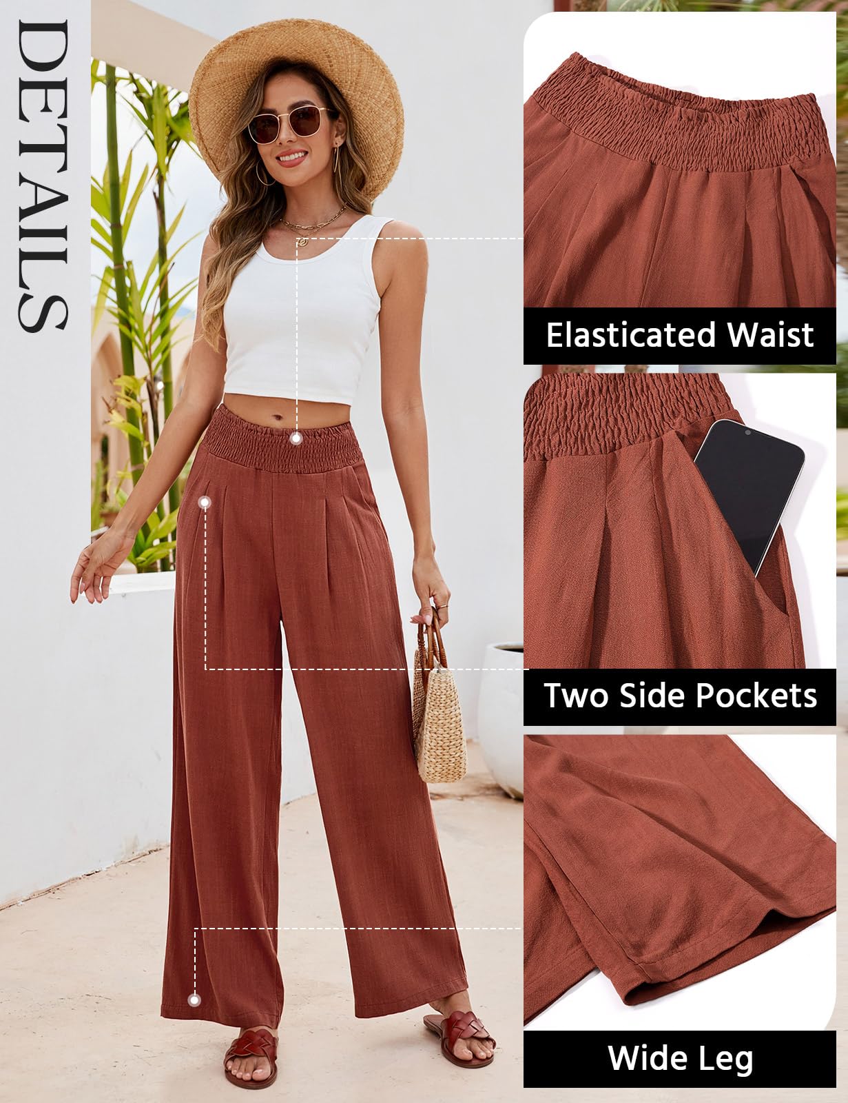 Niwicee Leinenhose Damen Sommer Baumwolle Leinen Hose High Waist Geradem Lose Casual Sommerhose mit Taschen Elastisch Hohe Taille Freizeithose Strandhose Lang Leichte