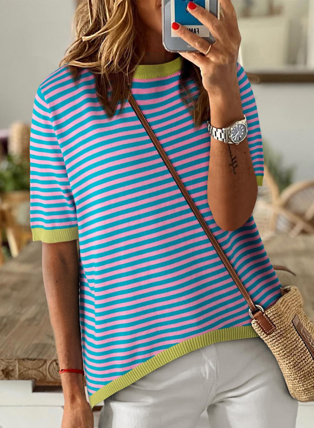 Cuptacc Tshirt Damen Baumwolle Shirt Damen Oberteile Sommer Gestreiftes Rundhals Basic Tops Kurzarm Tunika Damen Blusen Elegant Weiß Schwarz