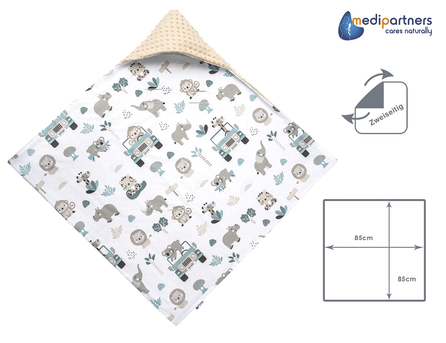 Medi Partners Einschlagdecke Baby Babyschale 100% Baumwolle für Sommer 85x85cm Kinderwagen Kuscheldecke universal Baby Decke Einschlagdecken Babydecke Buggy Autositz (weiße Sterne mit grauen Minky