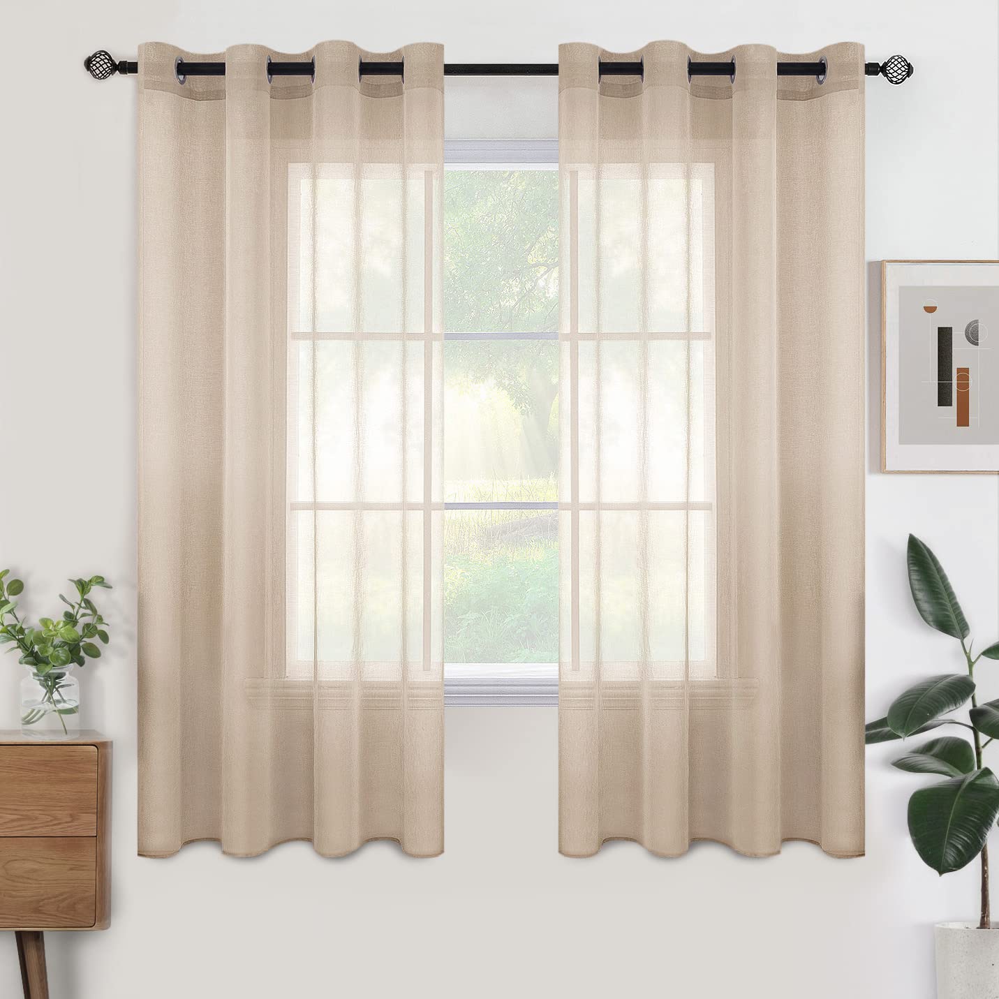 Woaboy Voile Curtains, Short Curtains, Transparent Living Room with Eyelets, Store Curtains for the Bedroom, Eyelet Curtain, Panel Curtain, Loop Curtains, Modern, Set of 2, 140 x 145 cm (W x H), Beige