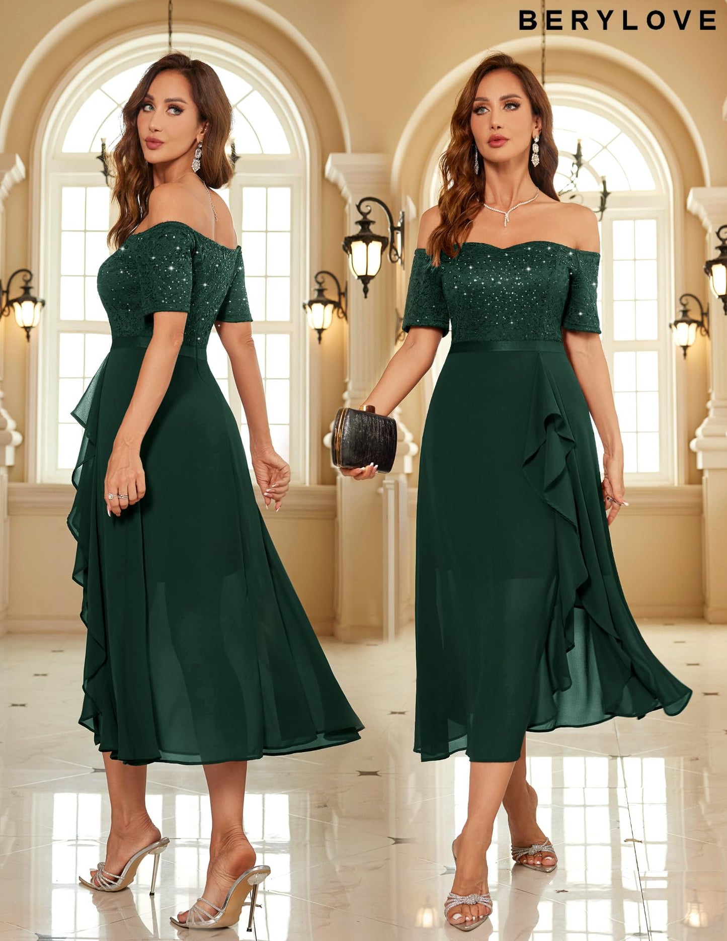 Berylove Abendkleid Damen Lang Glitzer Kleid Cocktailkleid Elegant für Hochzeit Off Shoulder Kleid Ballkleid