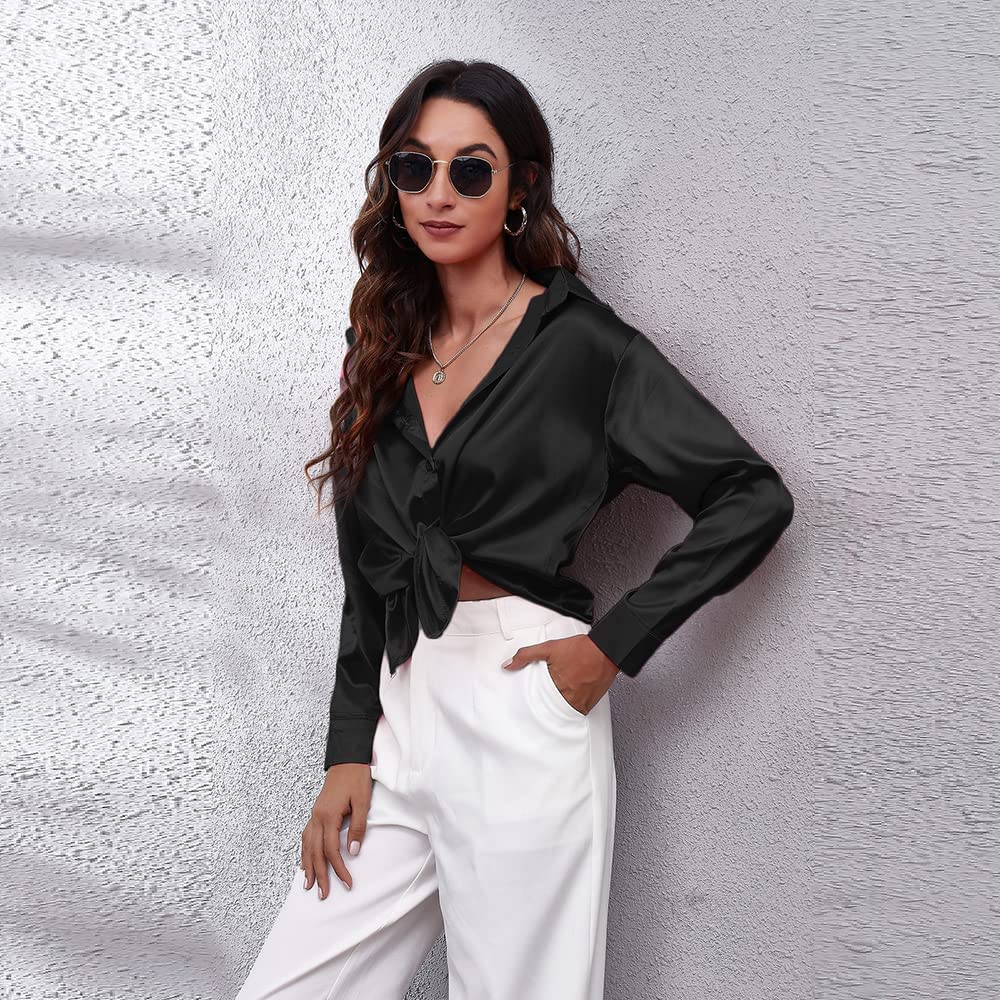 Beyove Damen Bluse Satin Seide V-Ausschnitt Hemden Elegant Langarm Business Oberteile mit Knöpfen Tops Lose Langarmshirt