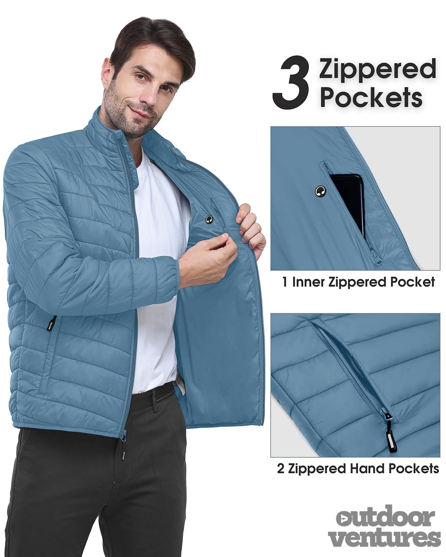 Outdoor Ventures Herren Steppjacke Packbare Leichte Warme Übergangsjacke Herren Wasserfeste Pufferjacke mit 3 Taschen für Outdoor Casual Wandern