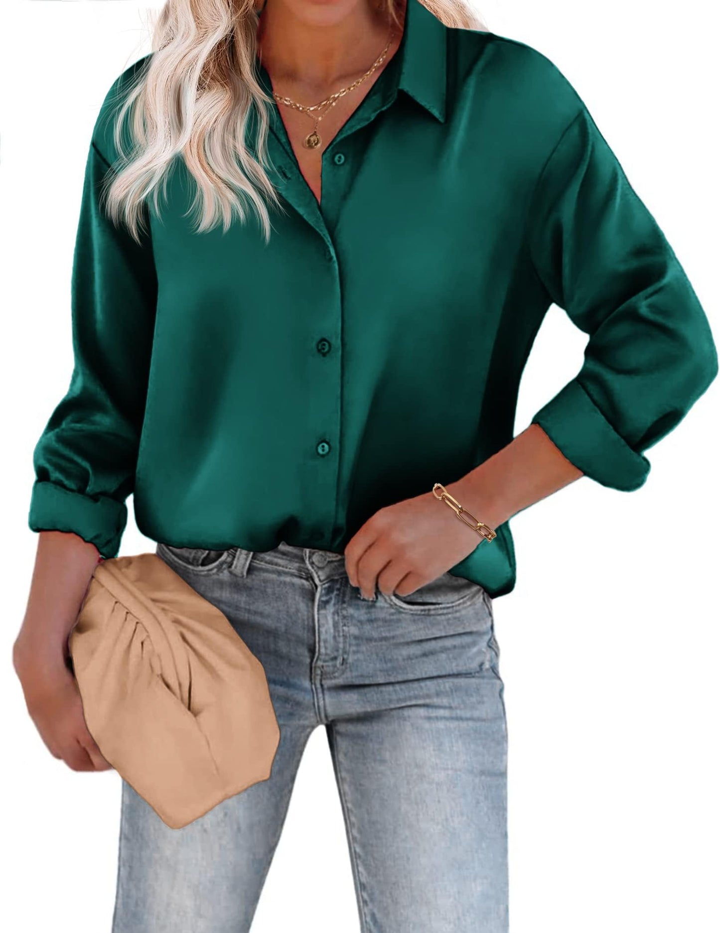 Beyove Damen Bluse Satin Seide V-Ausschnitt Hemden Elegant Langarm Business Oberteile mit Knöpfen Tops Lose Langarmshirt