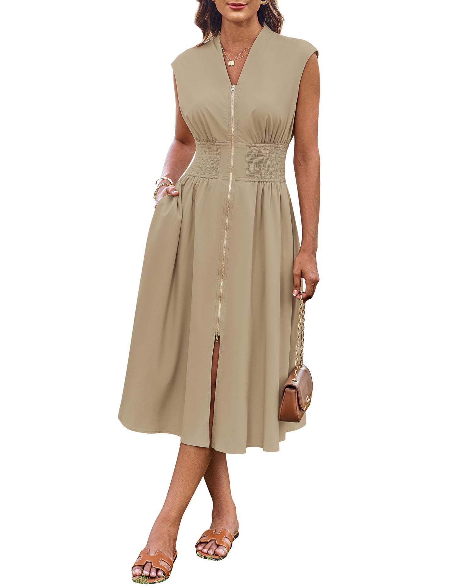 GRACE KARIN Damenkleid mit Reißverschluss vorne V-Ausschnitt A-Linie Cocktail Midi Party Hochzeitskleid mit Tasche