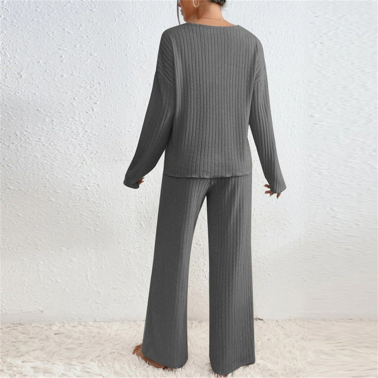 Hausanzug Damen Elegant Gestrickte Loungewear Einfarbig Strickanzug Langarm Schlafanzüge Zweiteiler V-Ausschnitt Homewear Locker Freizeitanzug Outfit Weites Bein Hose mit Taschen Lounge Set