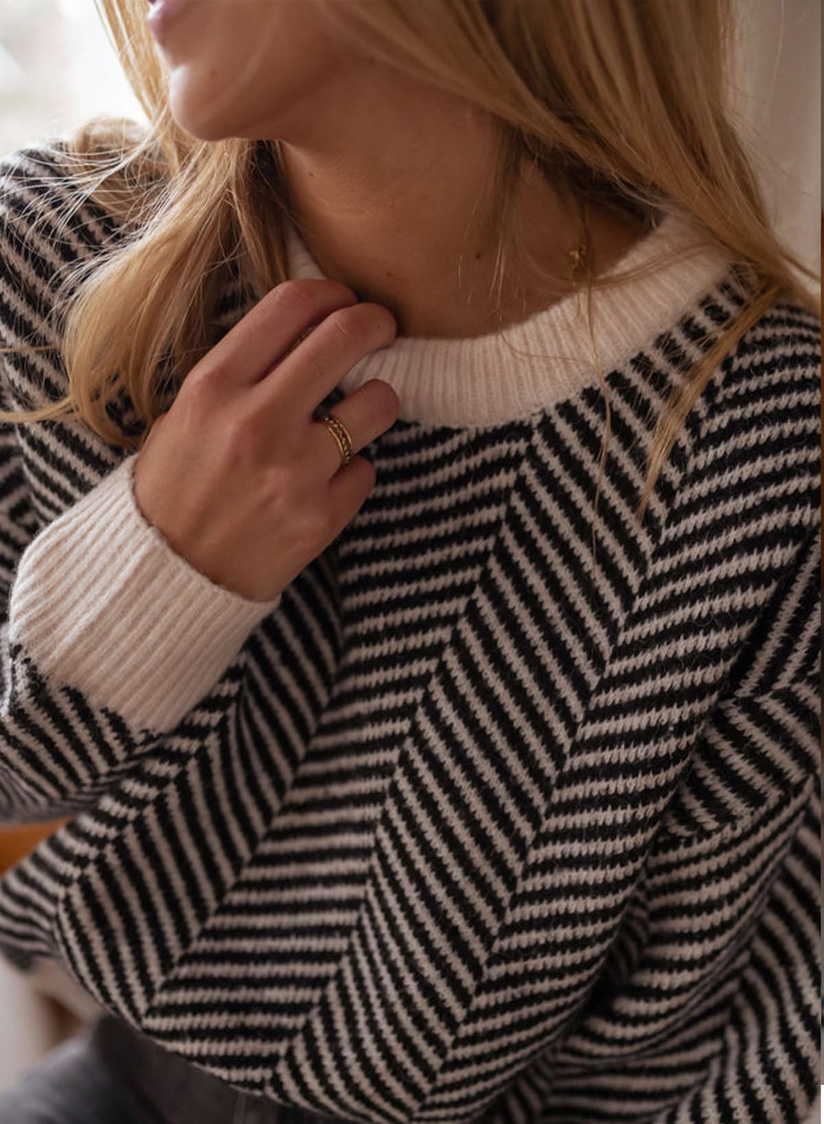 Dokotoo Damen Pullover Elegant Rundhals Gestreifter Strickpullover Warm Herbst Winterpullover Pulli Sweater S-XXL