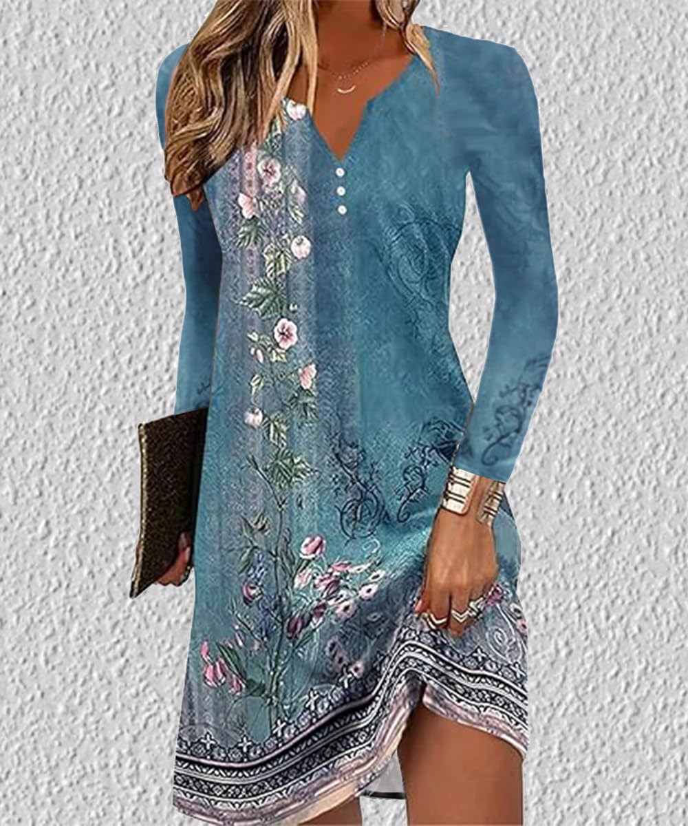 Yeenily Damen Bohemian Langarm Kleid V-Ausschnitt Blumenmuster Tunikakleider A Linien Lose Lässiges MiniKleid Freizeitkleid