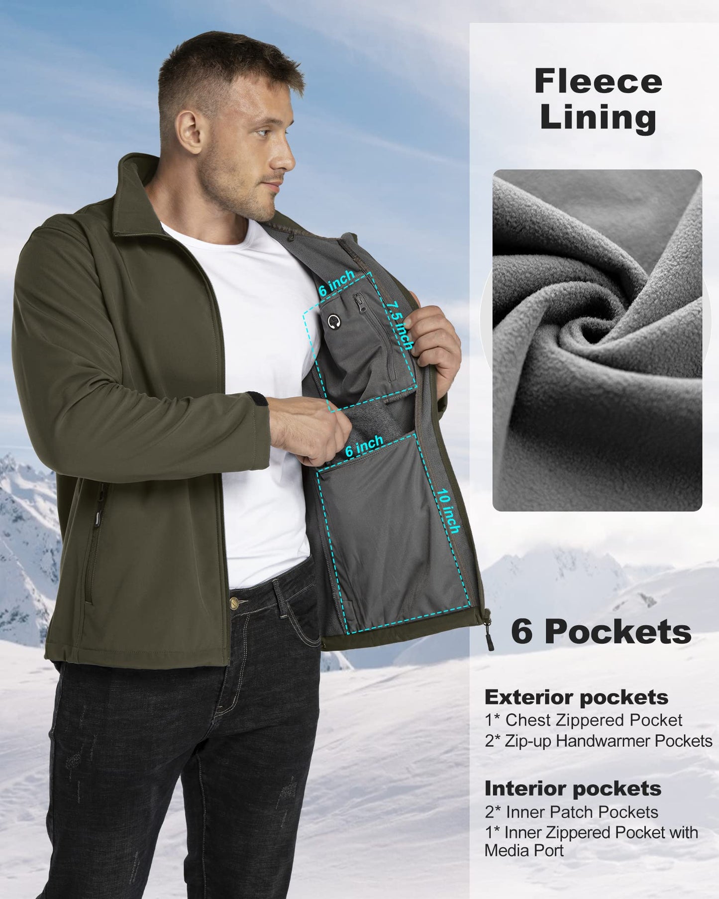 33,000ft Softshelljacke für Herren Wasserdicht Winterjacke Winddicht Warme Fleece Gefüttert Windbreaker Funktionsjacke Outdoorjacke für Wandern Fahrrad Camping