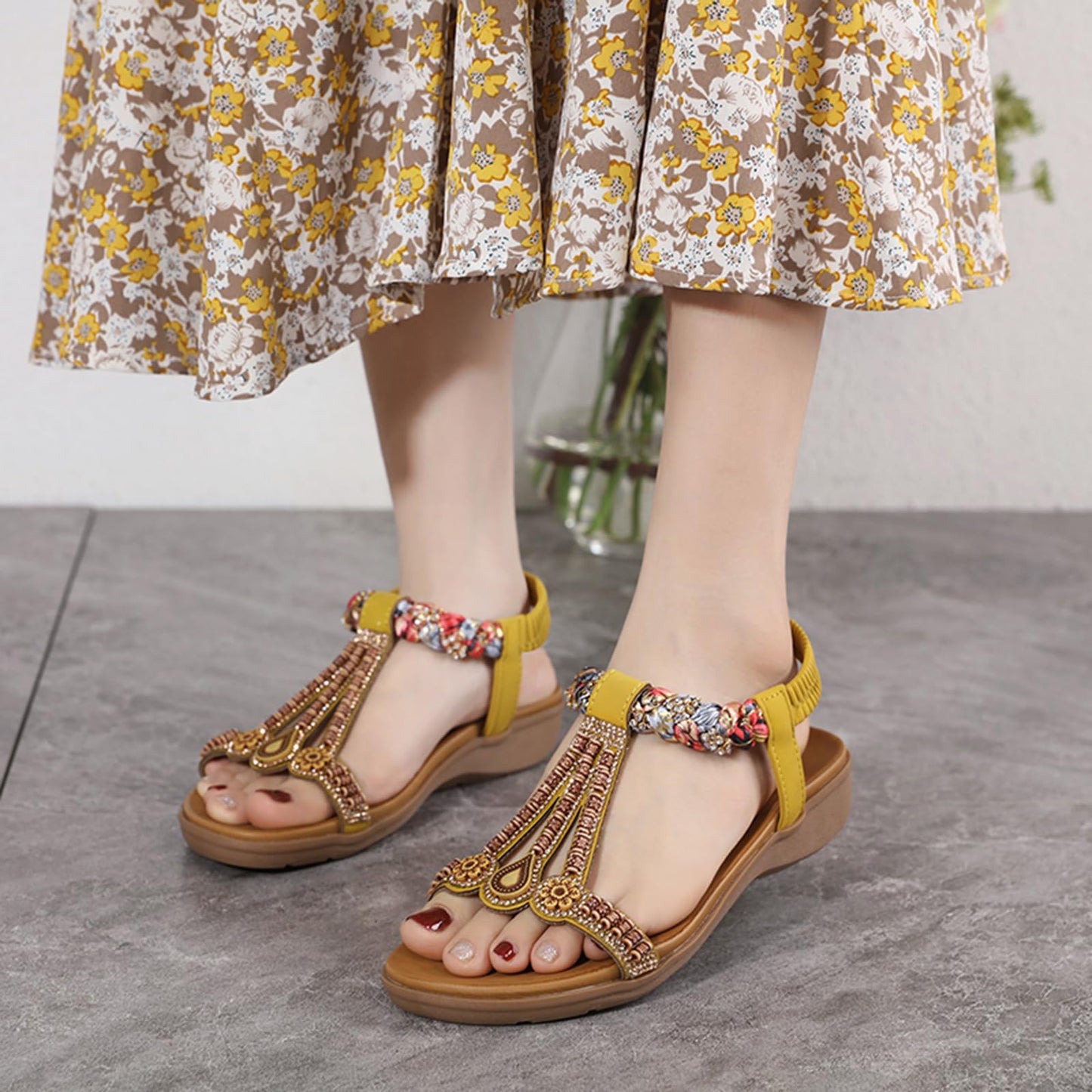 Meik Mangni Damen Sandalen Sommer Bohemian Flache Zehentrenner Strass Sandaletten Strand Schuhe Plattform Flip Flops Gr.36-42