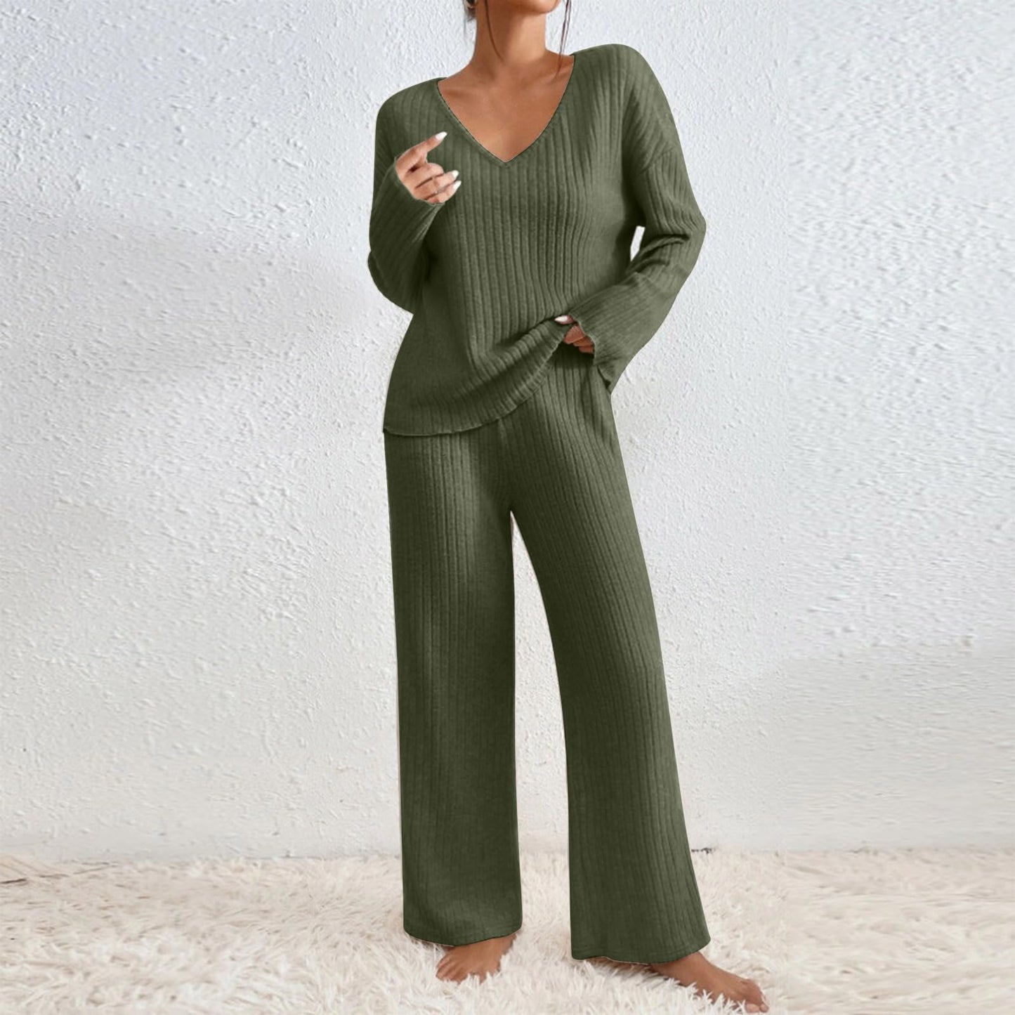 Hausanzug Damen Elegant Gestrickte Loungewear Einfarbig Strickanzug Langarm Schlafanzüge Zweiteiler V-Ausschnitt Homewear Locker Freizeitanzug Outfit Weites Bein Hose mit Taschen Lounge Set