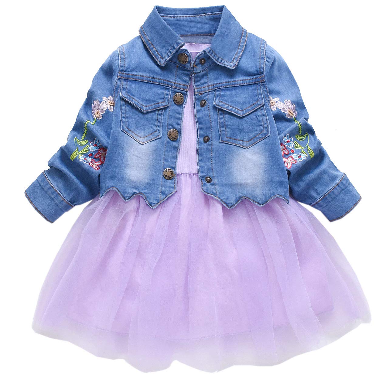 Yao Frühling Herbst Kleine Mädchen Kleidungsset Kind Kinder Jeansjacke und Langarmkleid 2-teiliges Set