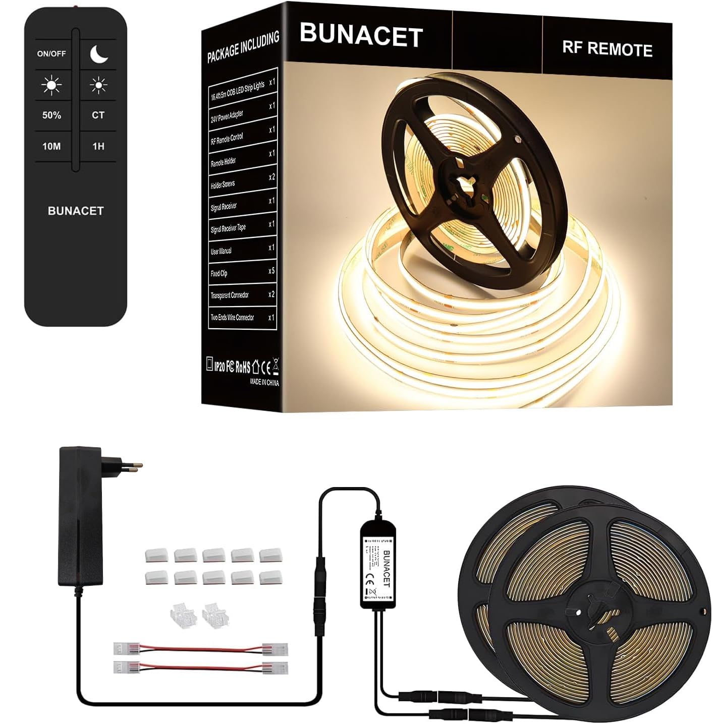 BUNACET COB RGB LED Strip 6M 24V Dimmbar, LED Streifen 3456 LEDs, Leiste Band Stripes Lichtband mit Netzteil RF Fernbedienung & APP Bluetooth für Küche Schlafzimmer Deko