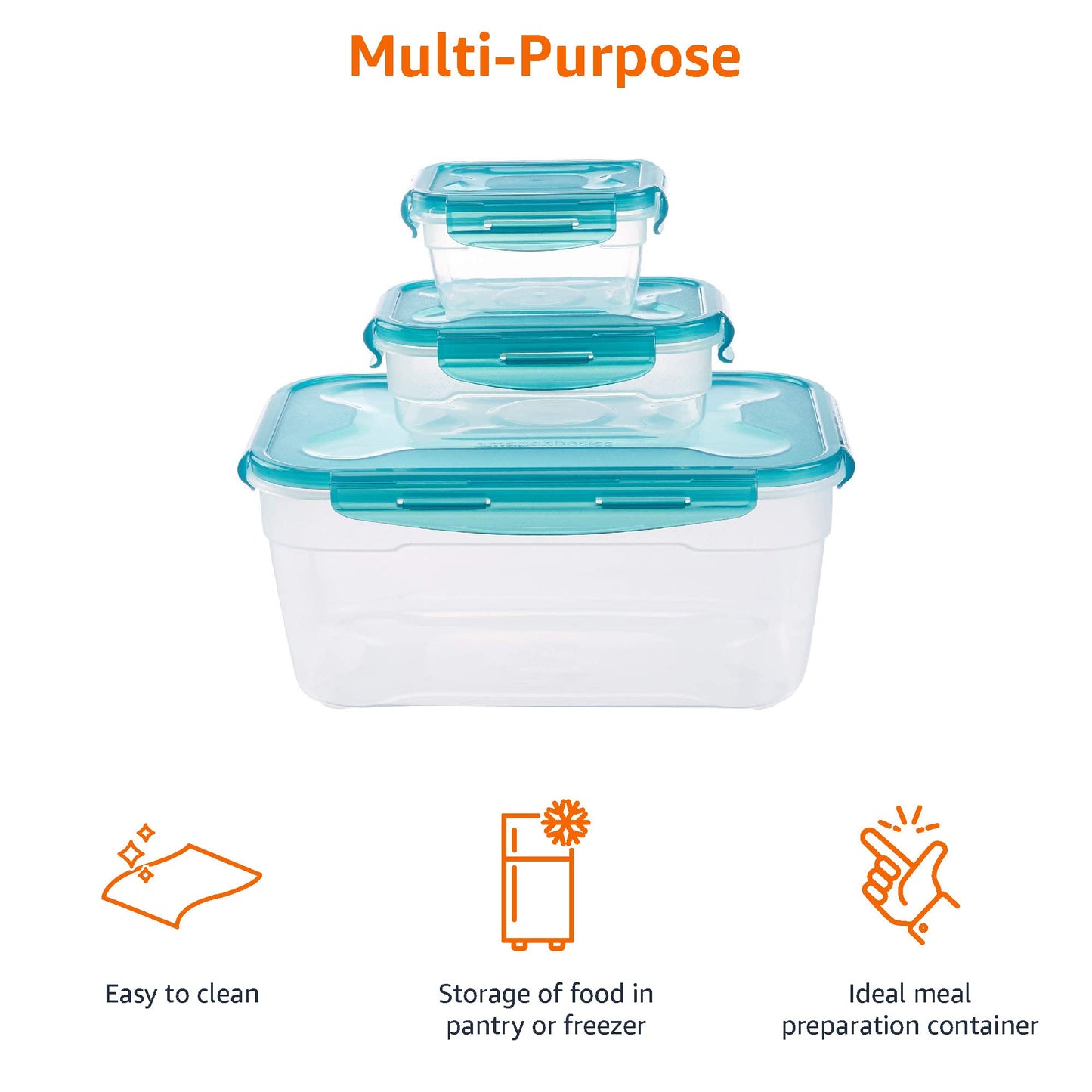 Amazon Basics Gefrierbehälter im Set, mit Deckel, luftdicht, auslaufsicher, stapelbar, für Kühlschrank/Gefriertruhe, BPA-frei, Kunststoff, mikrowellen- und spülmaschinenfest, 3 x 0.6 l, hellblau