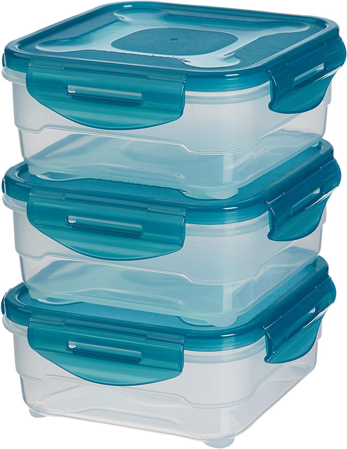 Amazon Basics Gefrierbehälter im Set, mit Deckel, luftdicht, auslaufsicher, stapelbar, für Kühlschrank/Gefriertruhe, BPA-frei, Kunststoff, mikrowellen- und spülmaschinenfest, 3 x 0.6 l, hellblau