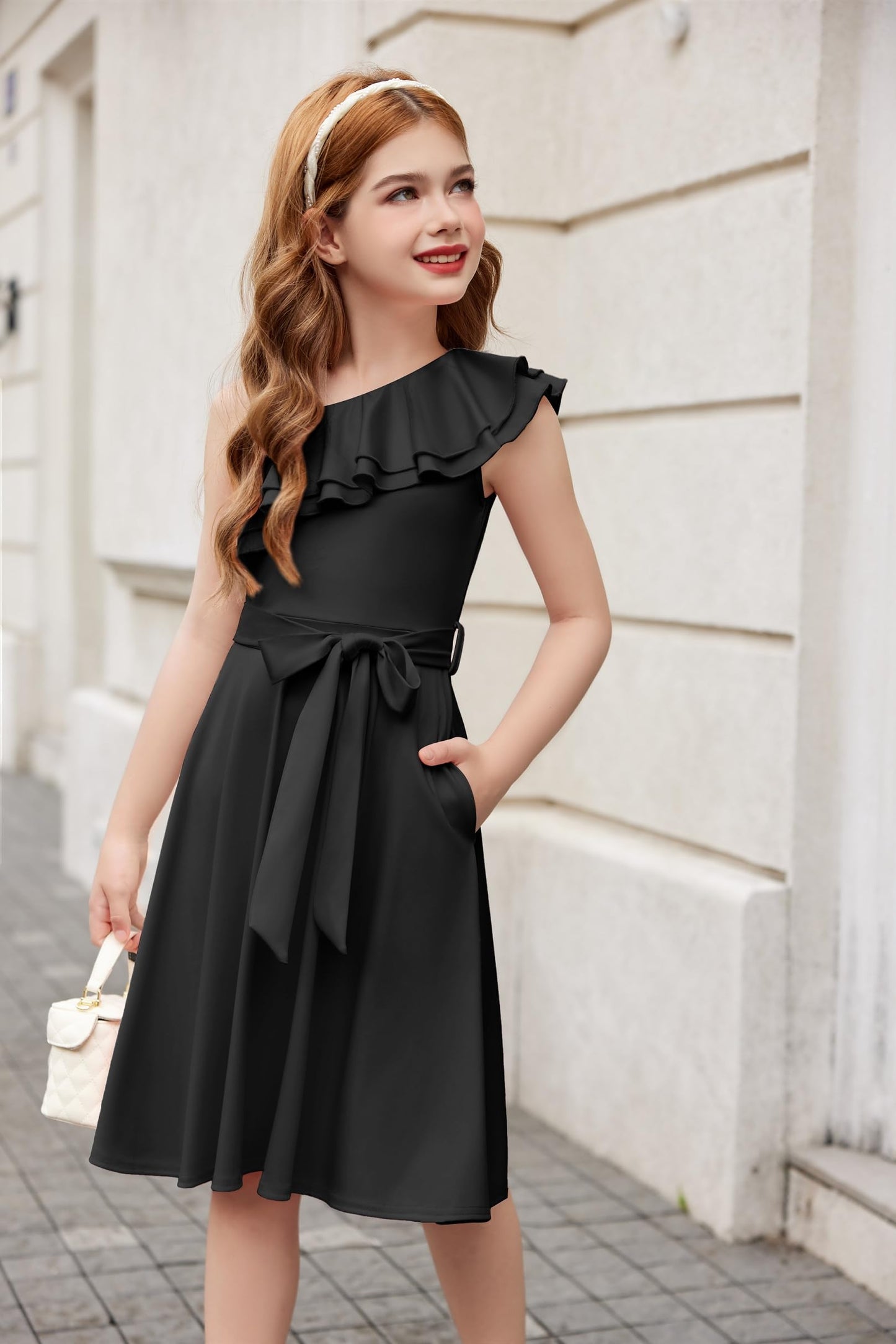 Arshiner Mädchen Kleider Eine-Schulter Kinderkleider Sommer Festliches Kleid Rüschenkragen Elegant Partykleider Swingkleid mit Gürtel ärmelloses Kleid für Mädchen 5-13 Jahre