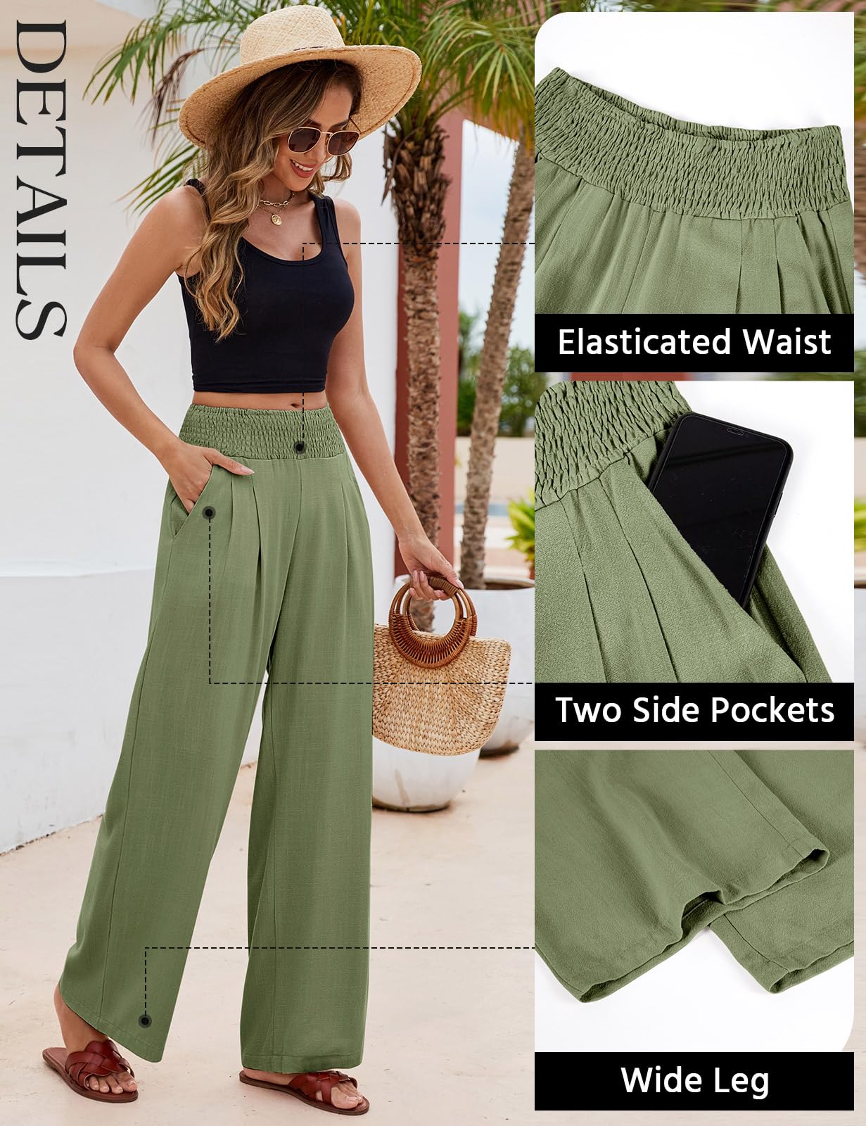 Niwicee Leinenhose Damen Sommer Baumwolle Leinen Hose High Waist Geradem Lose Casual Sommerhose mit Taschen Elastisch Hohe Taille Freizeithose Strandhose Lang Leichte