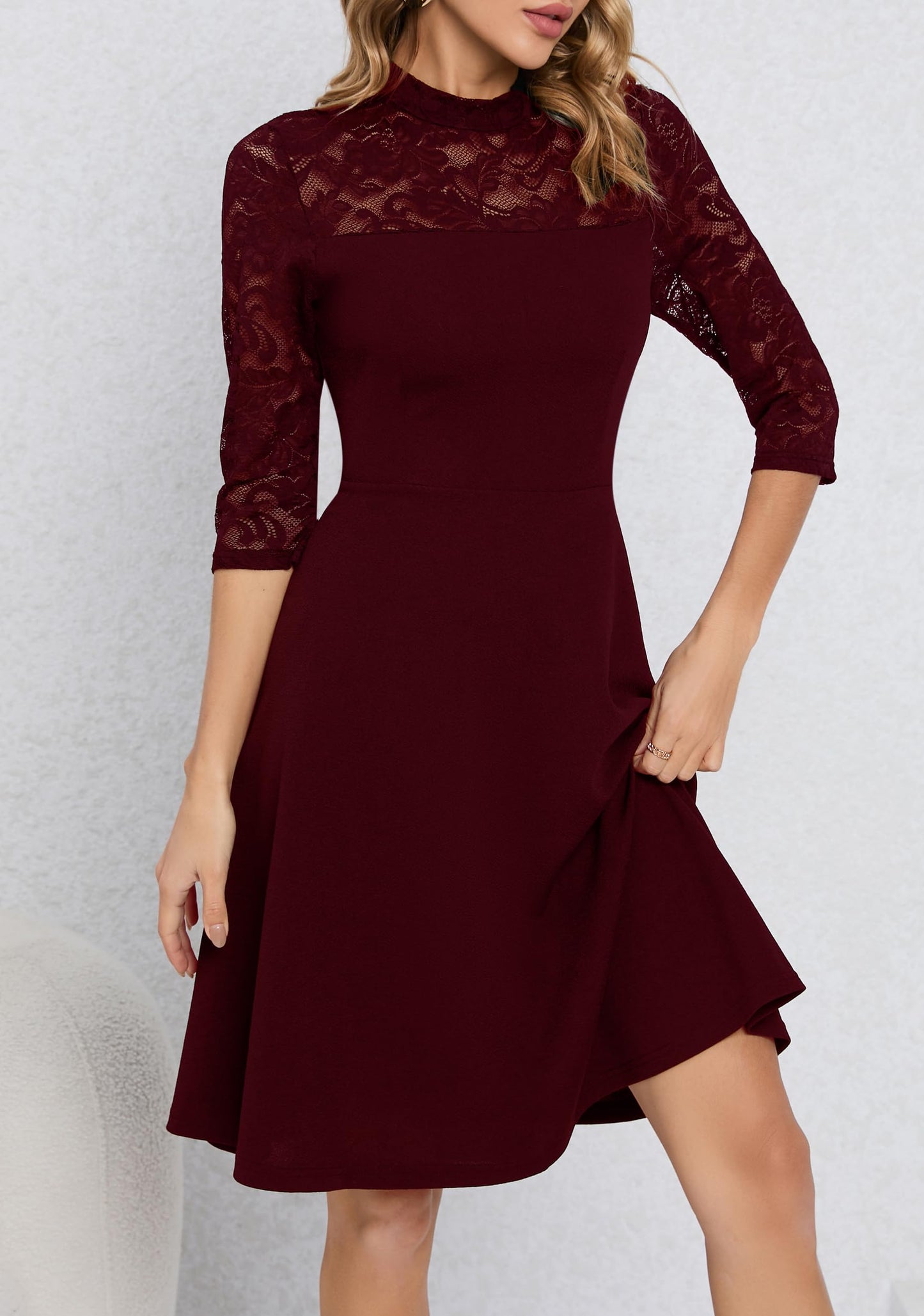 HOMEYEE Damen Elegant Spitze 3/4 Ärmel Rockabilly Kleid Retro Knielang Cocktailkleid für Hochzeit A368