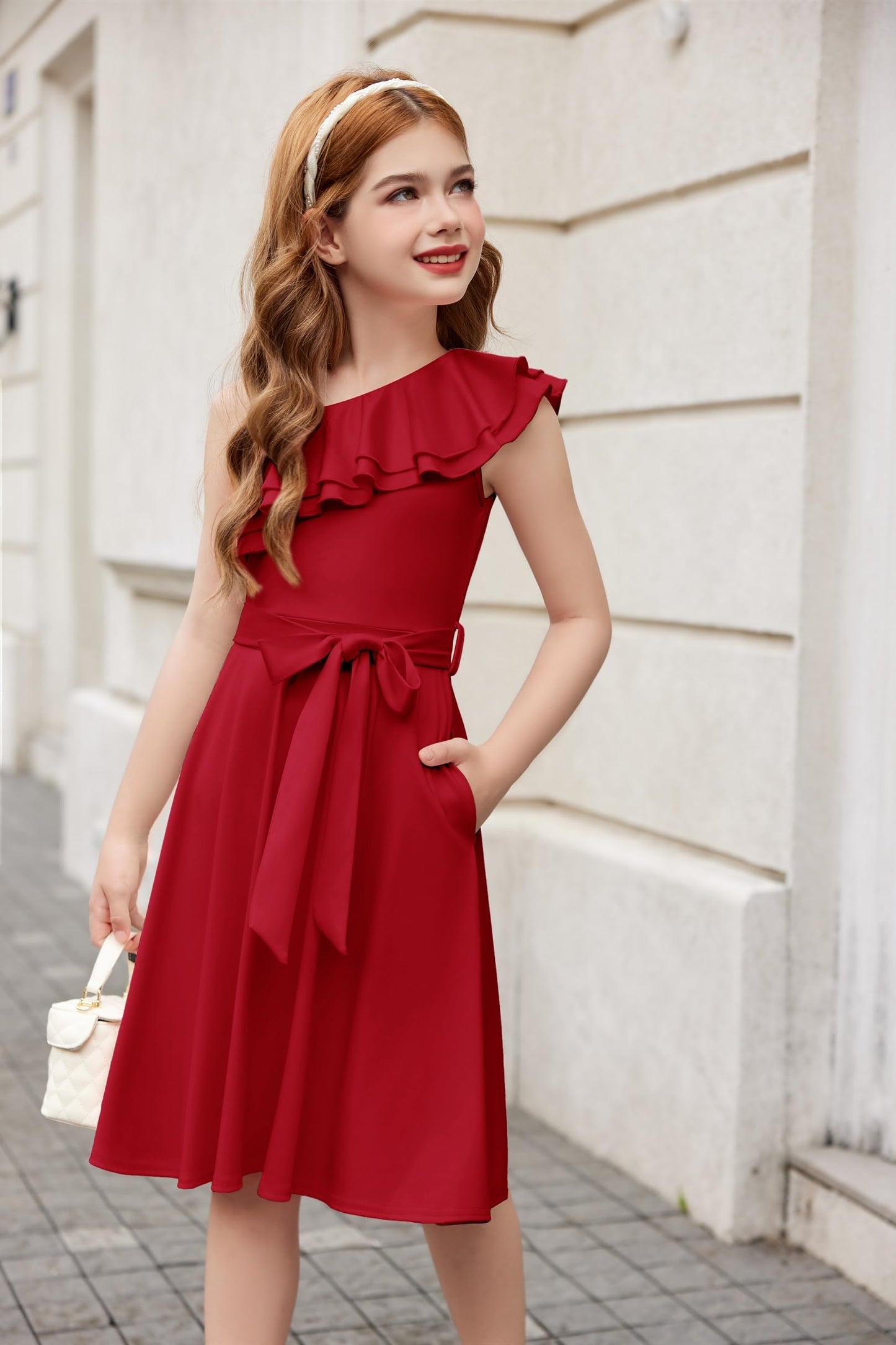 Arshiner Mädchen Kleider Eine-Schulter Kinderkleider Sommer Festliches Kleid Rüschenkragen Elegant Partykleider Swingkleid mit Gürtel ärmelloses Kleid für Mädchen 5-13 Jahre