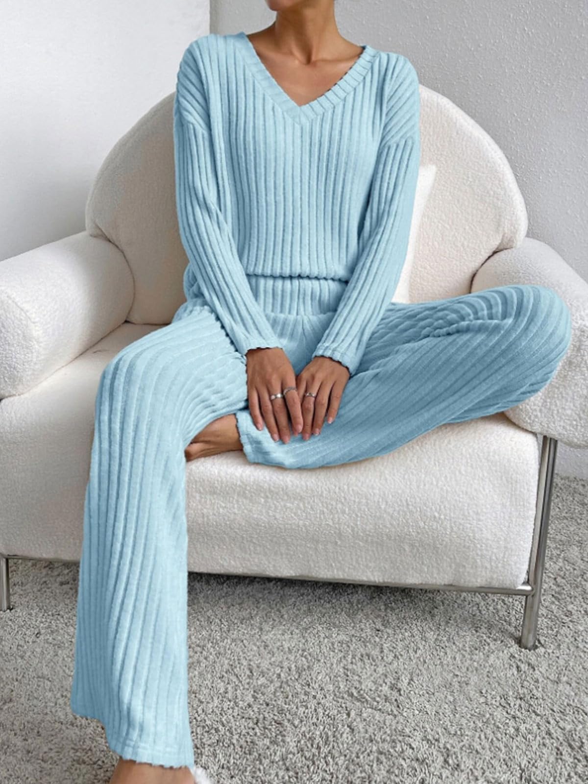 CheChury Zweiteiler Damen Lounge Set V-Ausschnitt Einfarbig Loungewear Gerippt Shirt Top Langärm mit Hose 2-Teiliges Hausanzug Jogginganzug Loungewear Nachtwäsche Hauskleidung Freizeit Outfit
