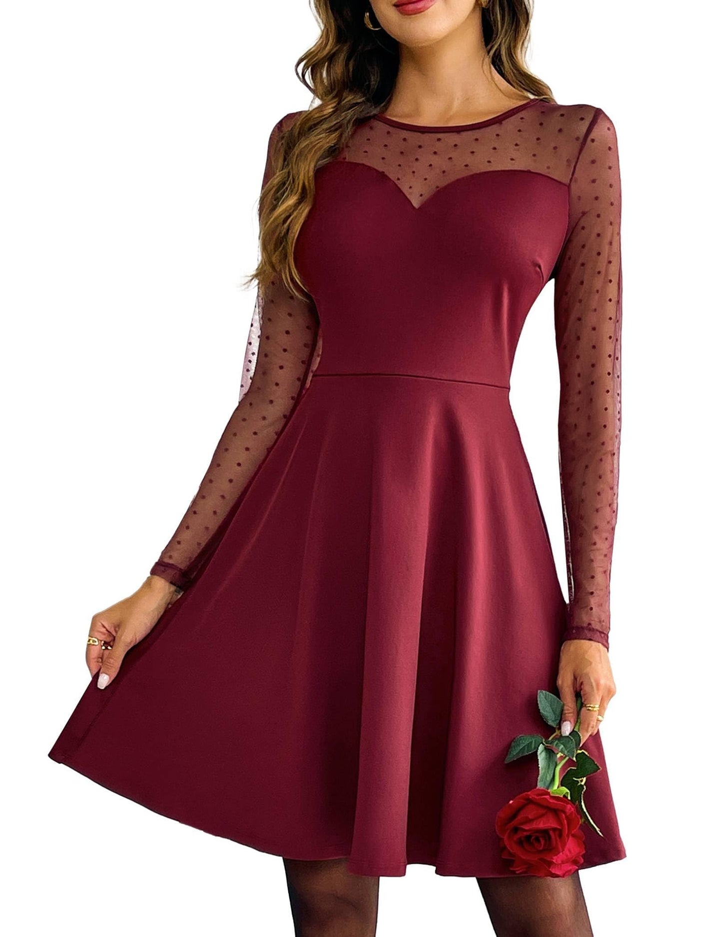 Zeagoo Kleid Damen Elegant Spitze A Linie Partykleid Hohe Taille Cocktailkleid Minikleid Festliches Kleid Einfarbig Mesh Kleid Sexy Swing Kleider S-XXL