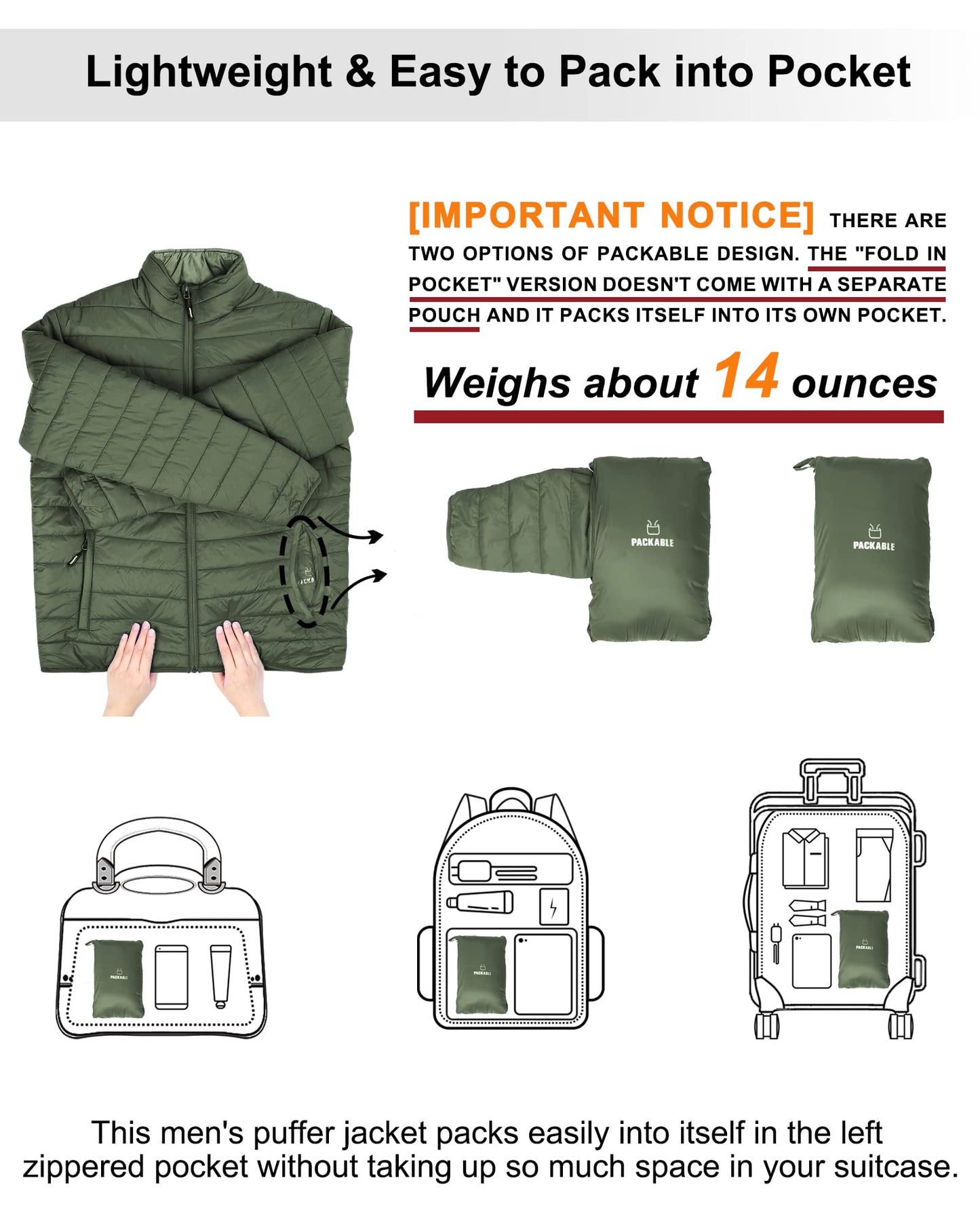 Outdoor Ventures Herren Steppjacke Packbare Leichte Warme Übergangsjacke Herren Wasserfeste Pufferjacke mit 3 Taschen für Outdoor Casual Wandern