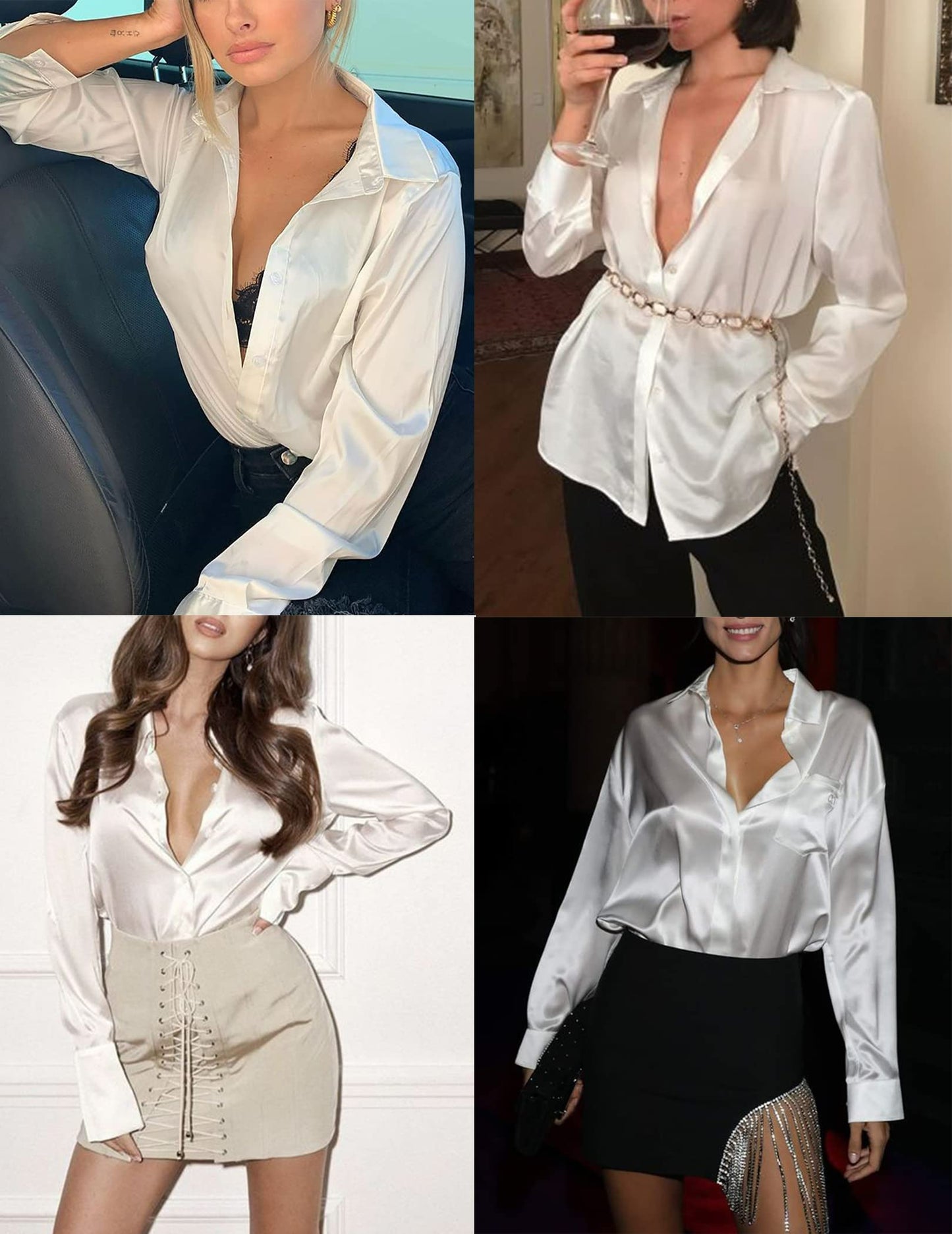 Beyove Damen Bluse Satin Seide V-Ausschnitt Hemden Elegant Langarm Business Oberteile mit Knöpfen Tops Lose Langarmshirt