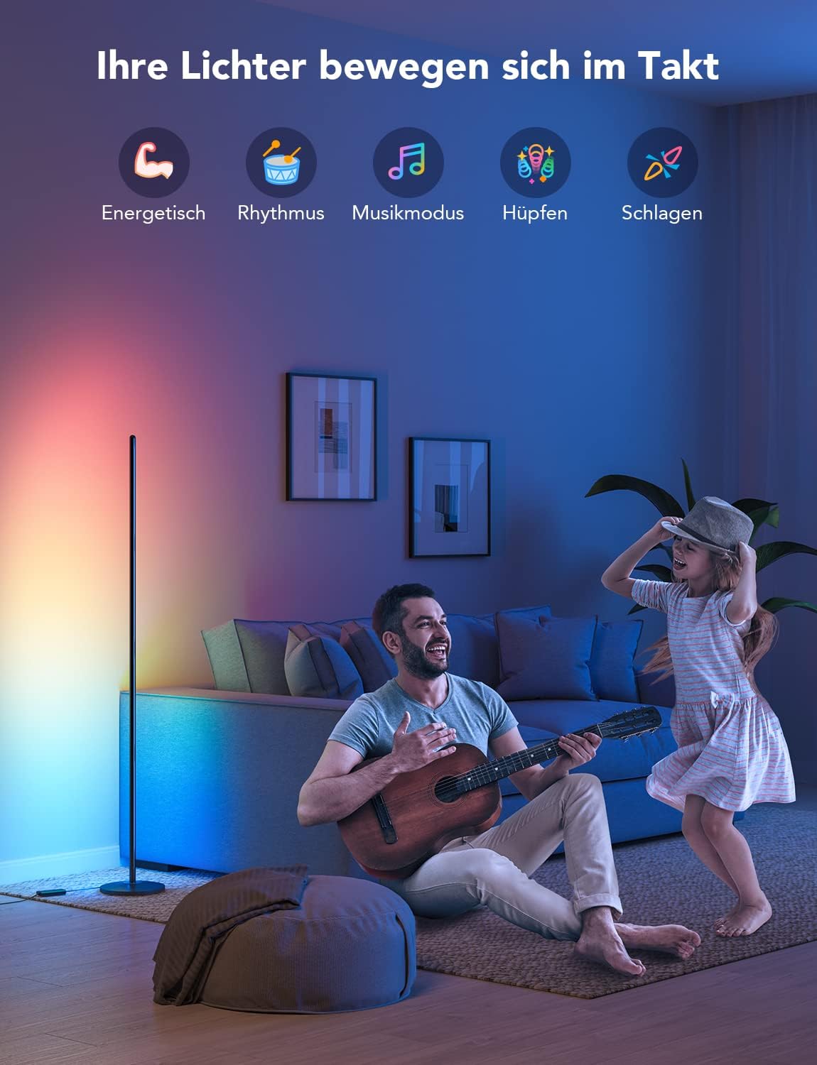 Govee RGBIC LED Stehlampe Wohnzimmer, WiFi Stehlampe Dimmbar, Arbeiten Sie mit Alexa und Google Assistant, 16 Millionen Farben, 58 Szenenmodi, Musikmodi, DIY-Modus für Schlafzimmer Gaming, Schwarz