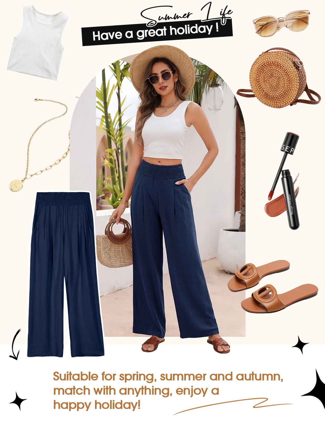 Niwicee Leinenhose Damen Sommer Baumwolle Leinen Hose High Waist Geradem Lose Casual Sommerhose mit Taschen Elastisch Hohe Taille Freizeithose Strandhose Lang Leichte