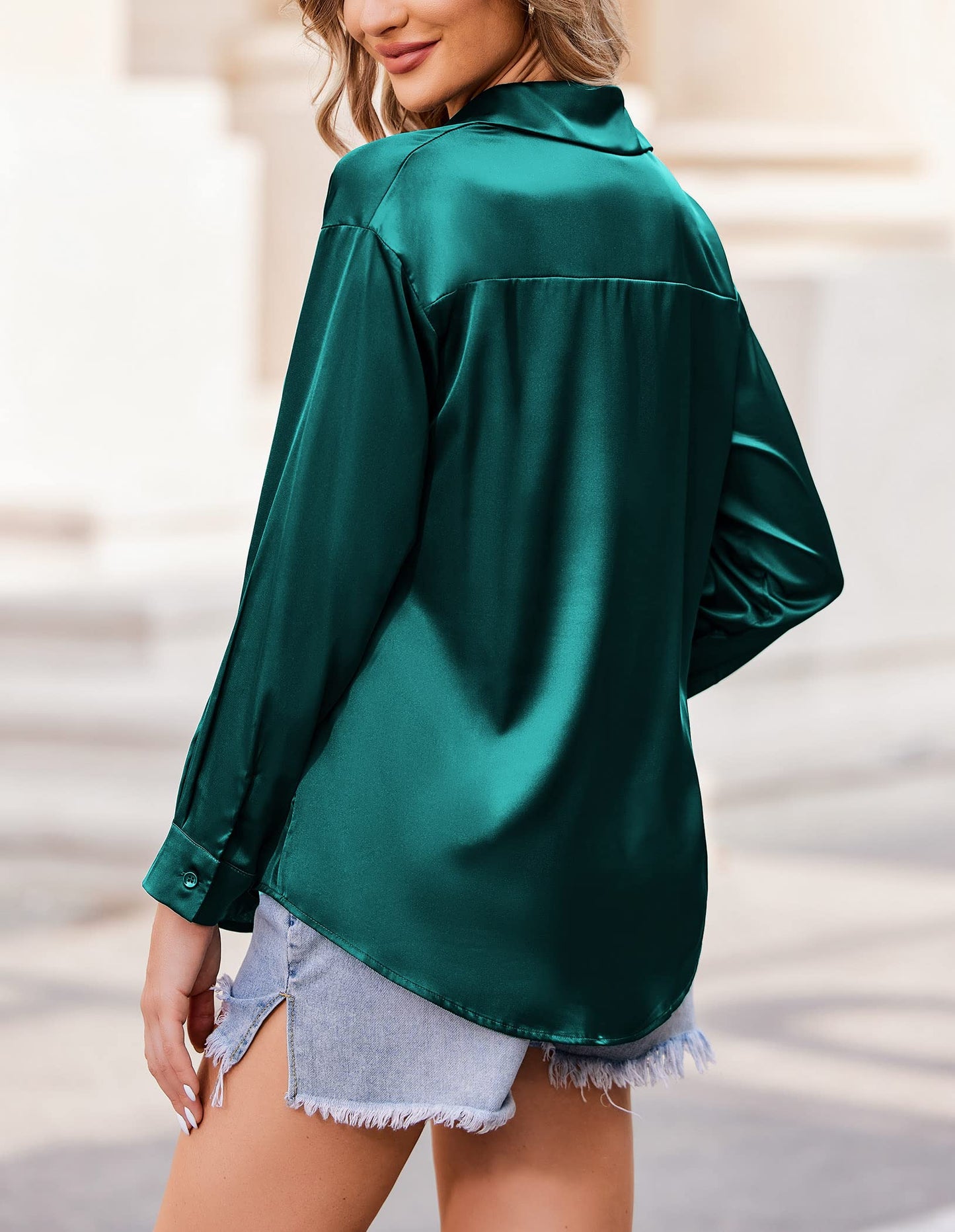 Beyove Damen Bluse Satin Seide V-Ausschnitt Hemden Elegant Langarm Business Oberteile mit Knöpfen Tops Lose Langarmshirt