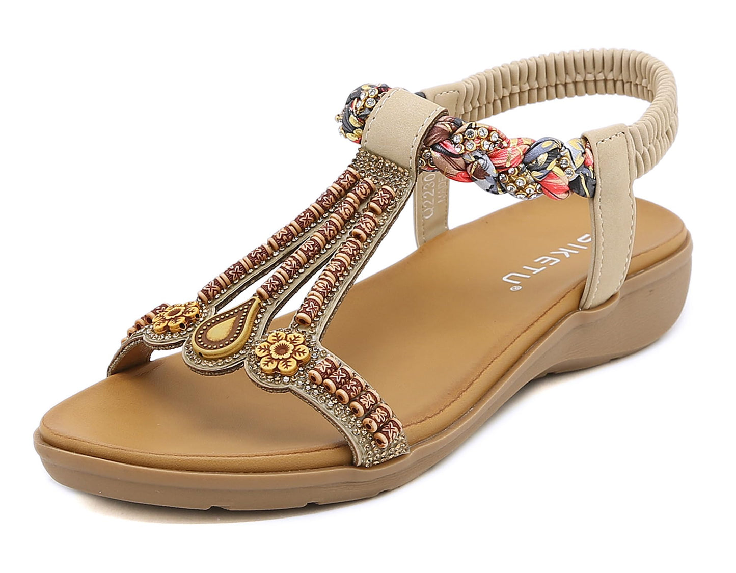 Meik Mangni Damen Sandalen Sommer Bohemian Flache Zehentrenner Strass Sandaletten Strand Schuhe Plattform Flip Flops Gr.36-42