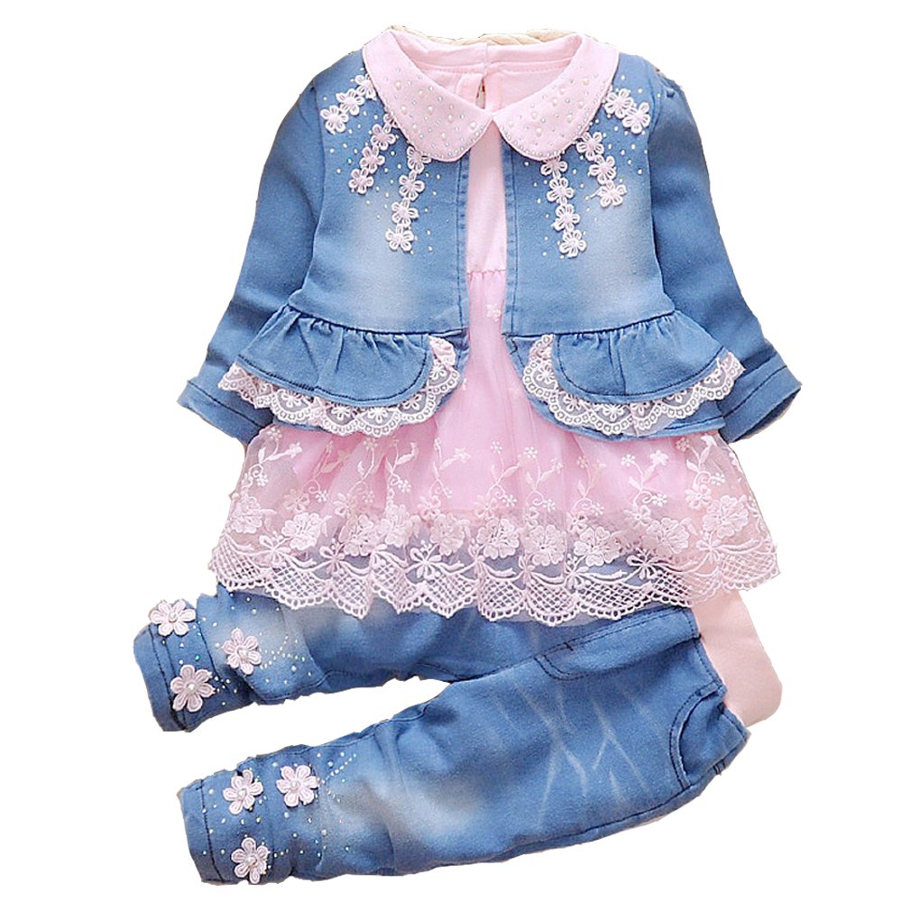 YYA 6M-4J Baby Mädchen Jeans 3-teiliger Anzug bestickter Spitzenrock Jeansjacke und Jeans