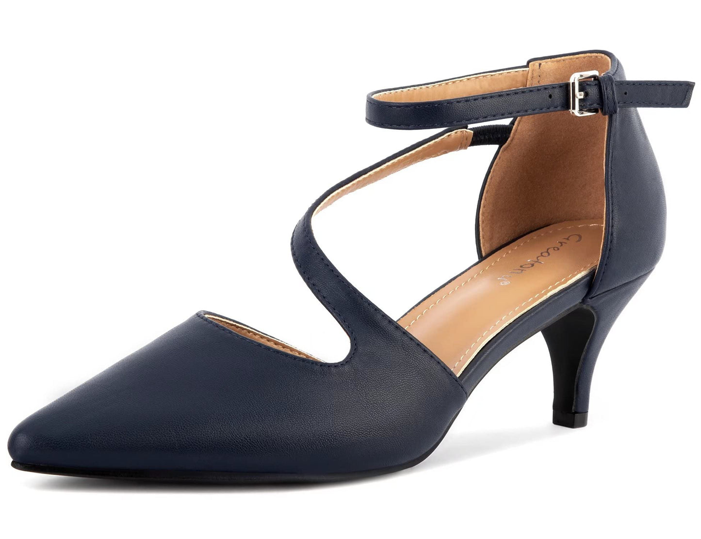 Greatonu Women's Pointed Toe Court Shoes with Ankle Strap and Kitten Heel