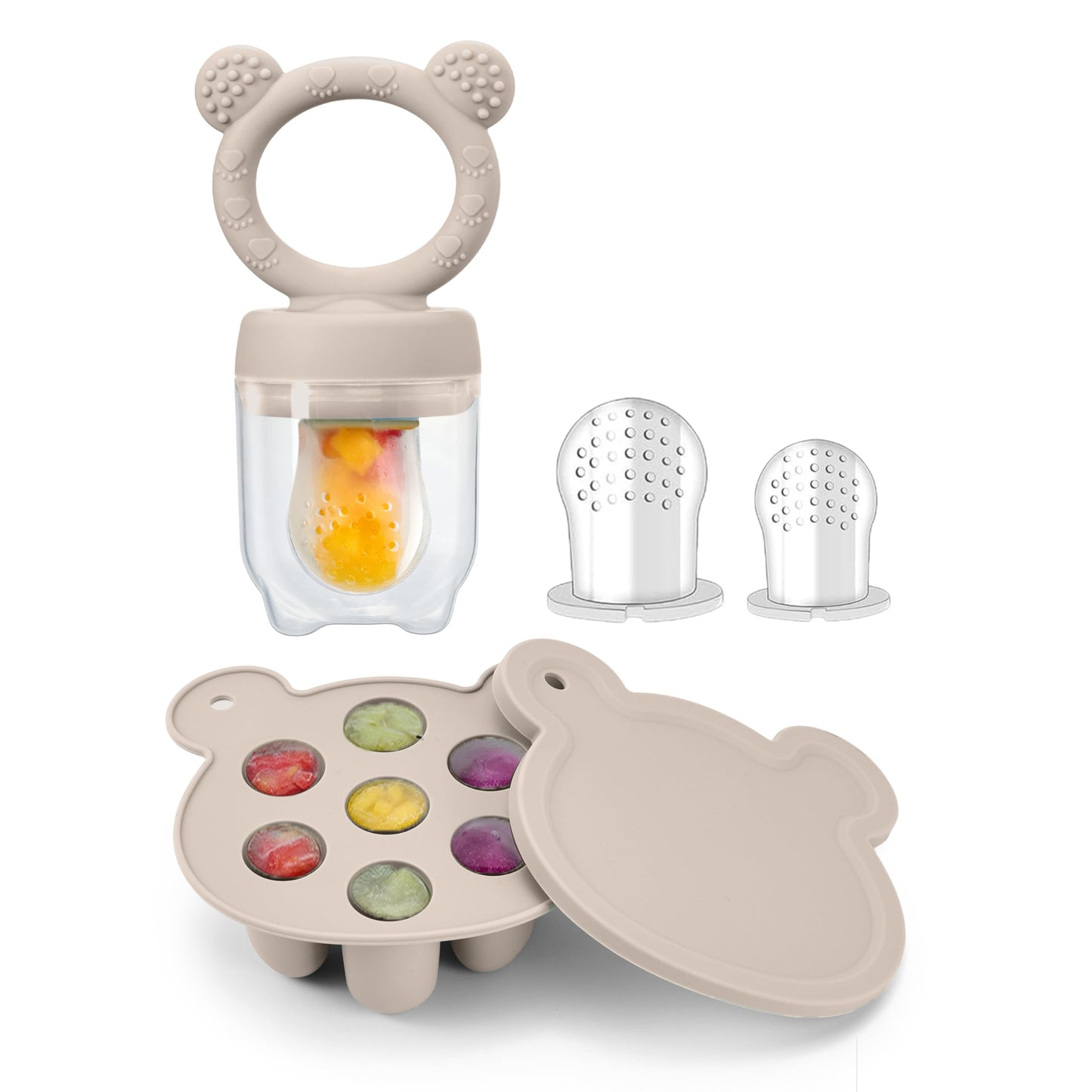 WeSweet Fruchtsauger Baby | Silikon Futterspender für Babynahrung und Gefriertablett für Babynahrung, Milch-Eis am Stiel, zur Linderung des Zahnens von Babys, Schnuller zum Selbstfüttern (Bear Sand)