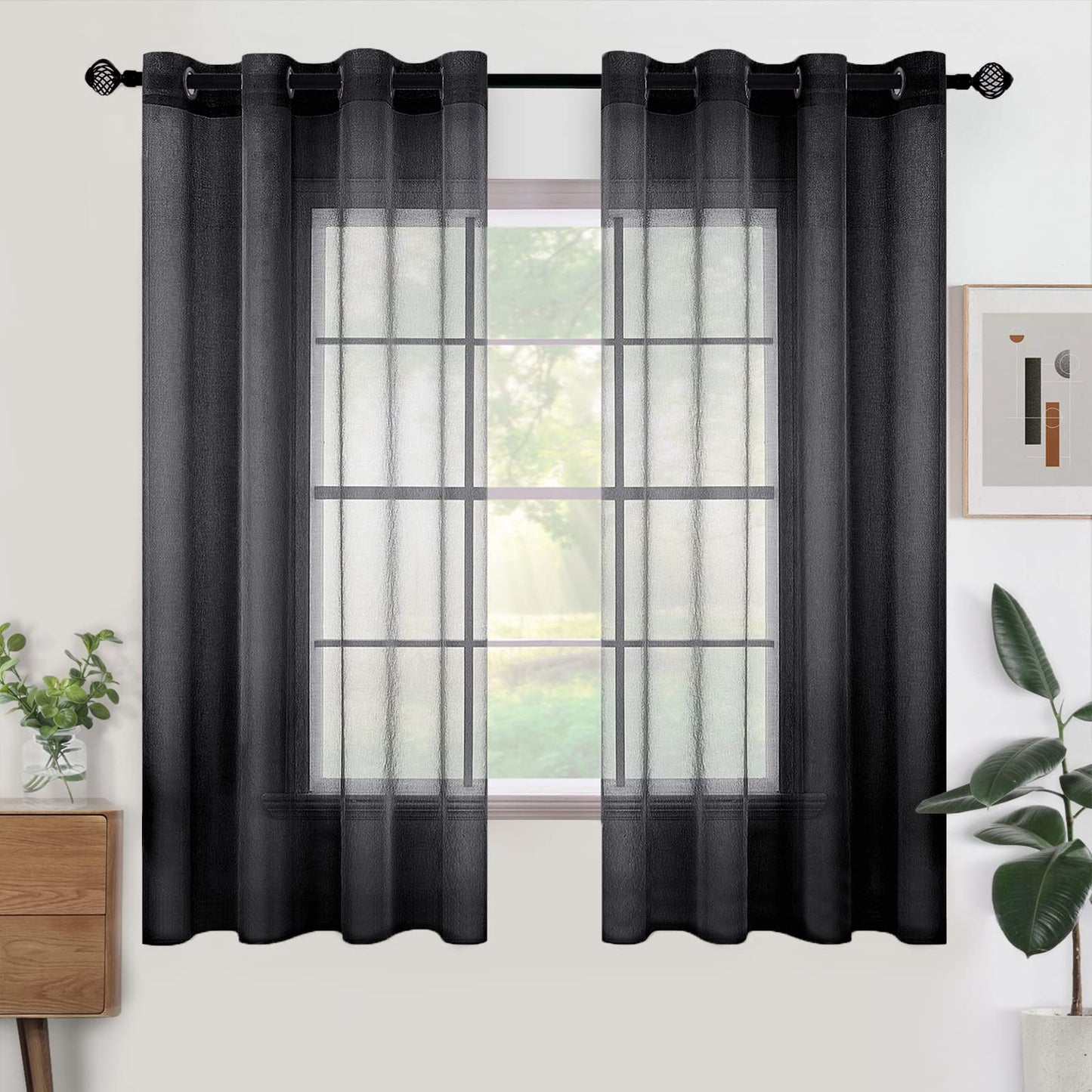 Woaboy Voile Curtains, Short Curtains, Transparent Living Room with Eyelets, Store Curtains for the Bedroom, Eyelet Curtain, Panel Curtain, Loop Curtains, Modern, Set of 2, 140 x 145 cm (W x H), Beige