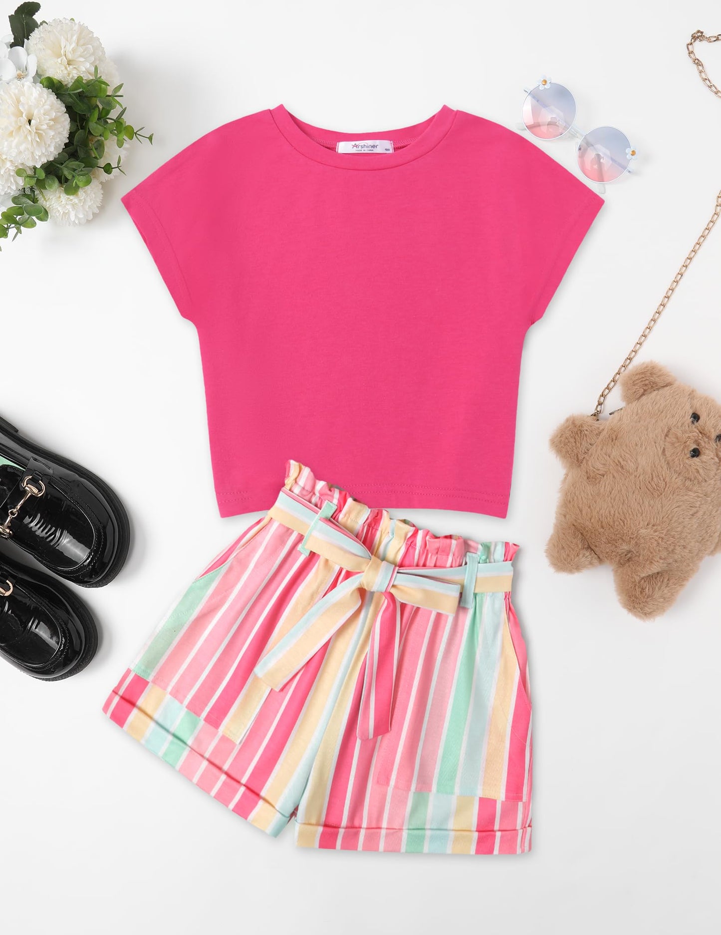 Arshiner Mädchen Tshirt mit Shorts Set Sommer Kinder Bekleidungssets Freizeit Mode überschnittenen Schultern Shirts Zweiteiliges Kleidung Sets für Mädchen 6-14 Jahre
