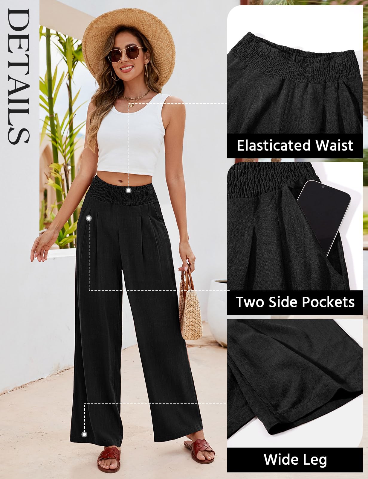 Niwicee Leinenhose Damen Sommer Baumwolle Leinen Hose High Waist Geradem Lose Casual Sommerhose mit Taschen Elastisch Hohe Taille Freizeithose Strandhose Lang Leichte