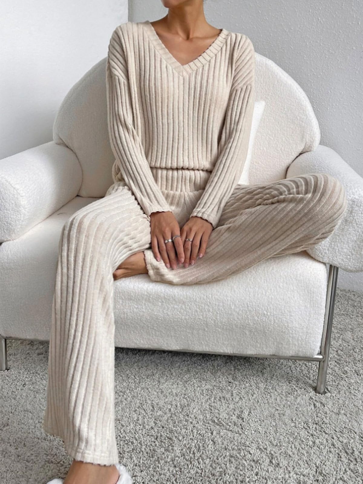 CheChury Zweiteiler Damen Lounge Set V-Ausschnitt Einfarbig Loungewear Gerippt Shirt Top Langärm mit Hose 2-Teiliges Hausanzug Jogginganzug Loungewear Nachtwäsche Hauskleidung Freizeit Outfit